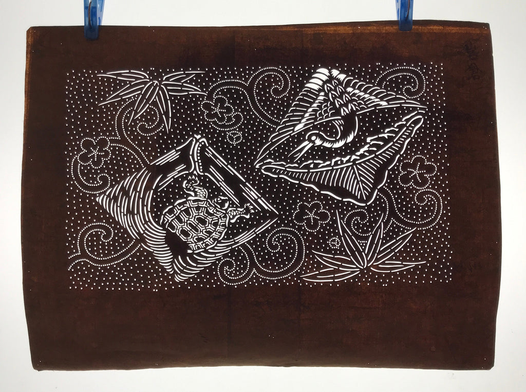 Antique Japanese Ise Katagami Paper Kimono Stencil Crane Turtle Plum Design A732