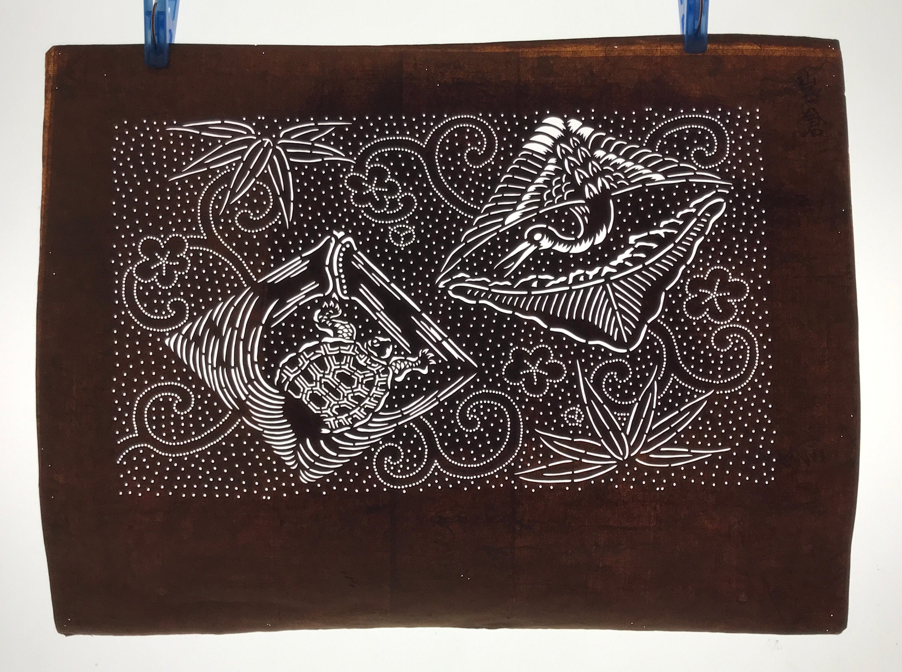 Antique Japanese Ise Katagami Paper Kimono Stencil Crane Turtle Plum Design A732