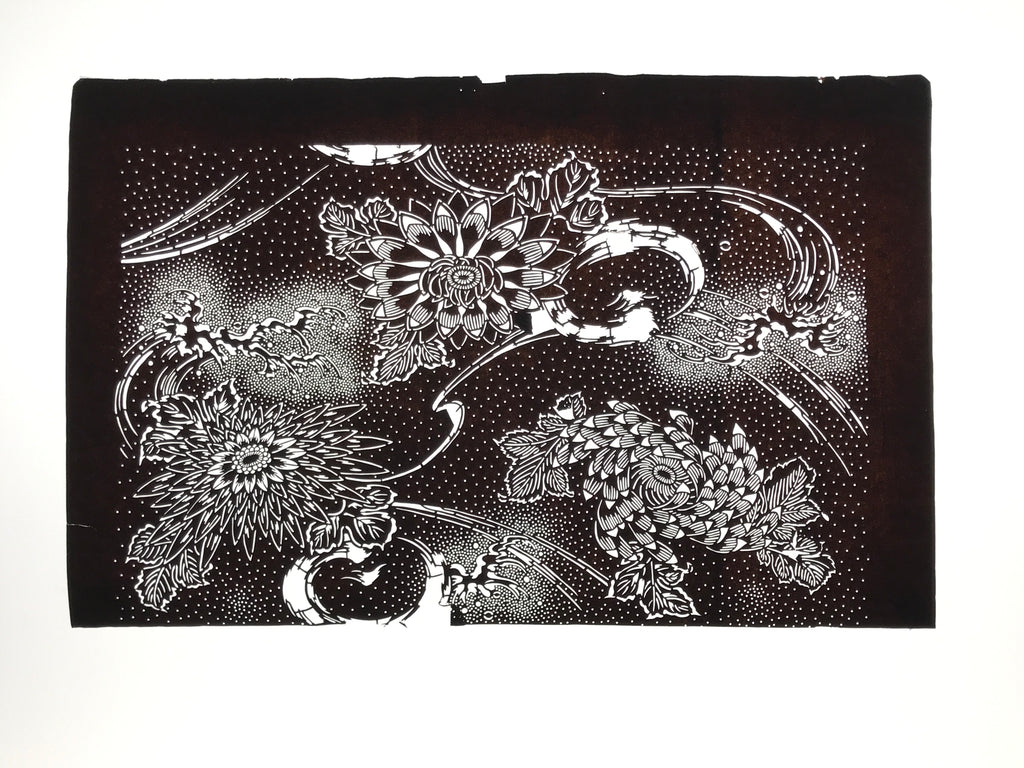 Antique Japanese Ise Katagami Paper Kimono Stencil Katazome Chrysanthemums A829