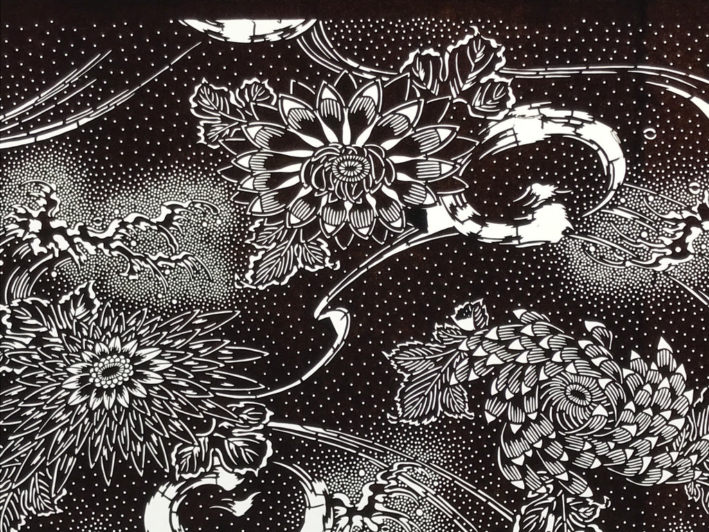 Antique Japanese Ise Katagami Paper Kimono Stencil Katazome Chrysanthemums A829