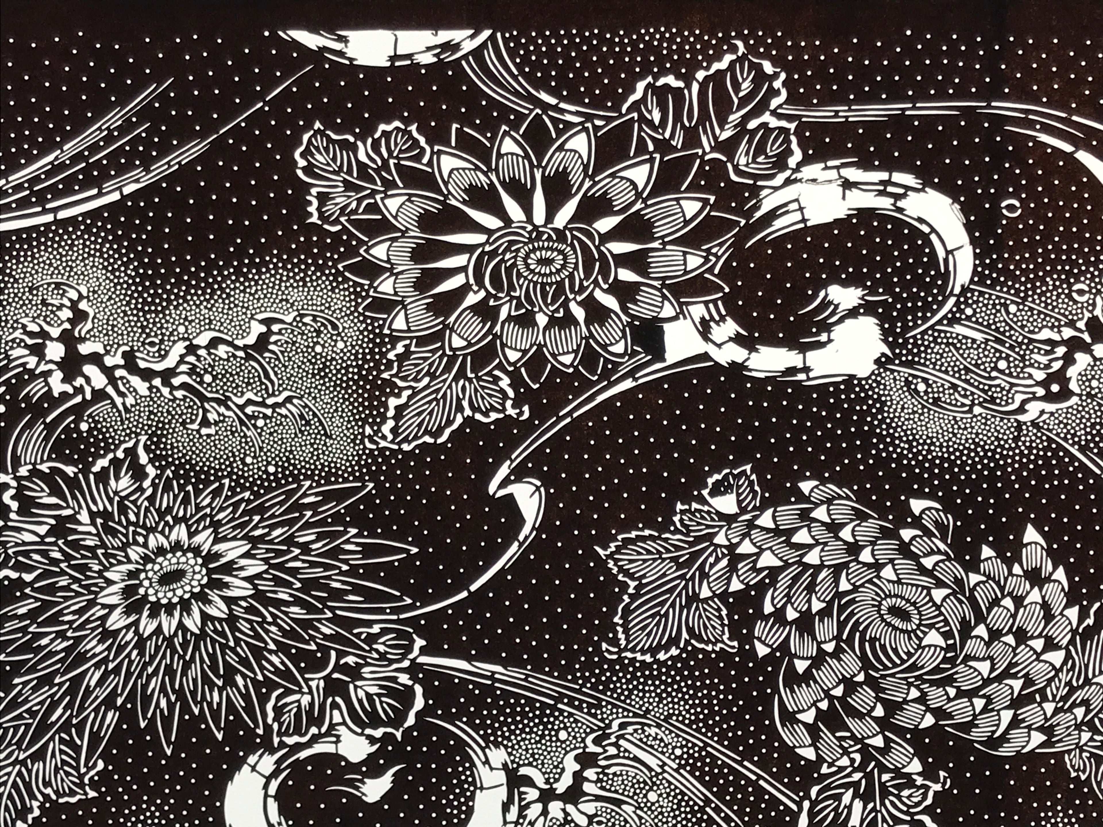 Antique Japanese Ise Katagami Paper Kimono Stencil Katazome Chrysanthemums A829