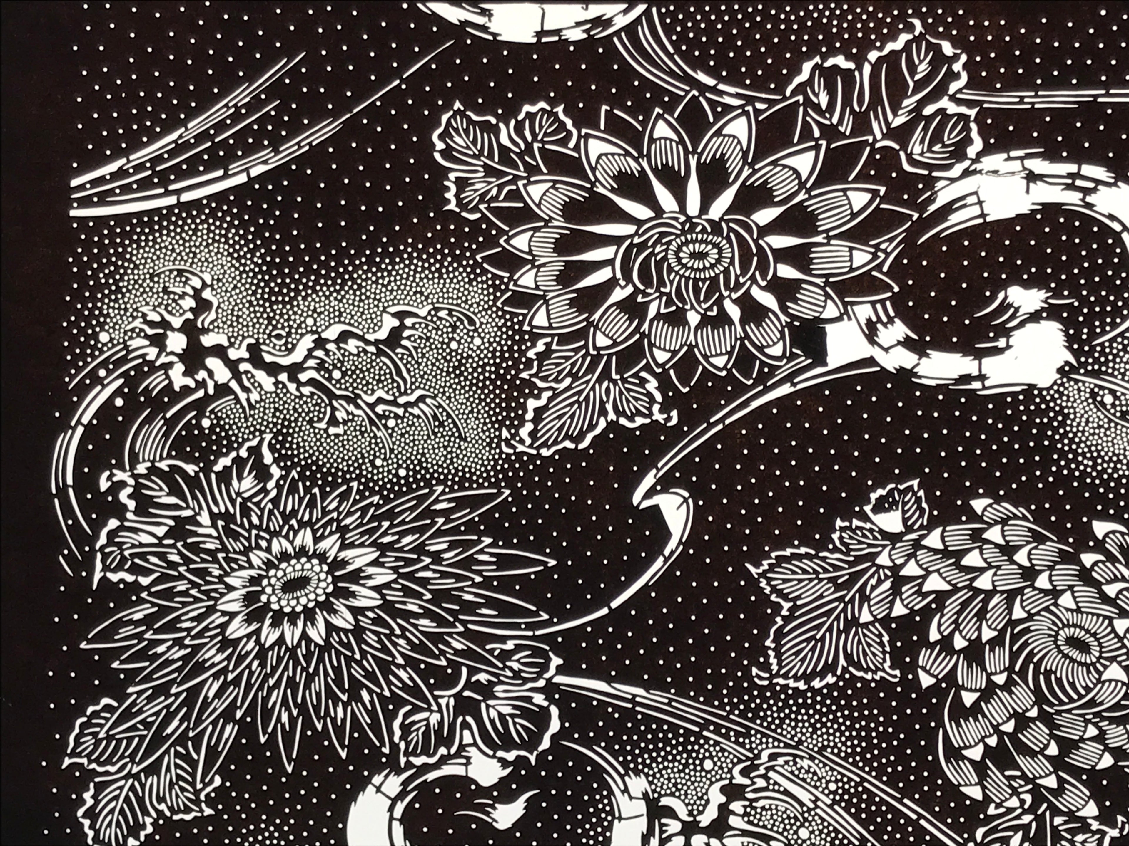 Antique Japanese Ise Katagami Paper Kimono Stencil Katazome Chrysanthemums A829