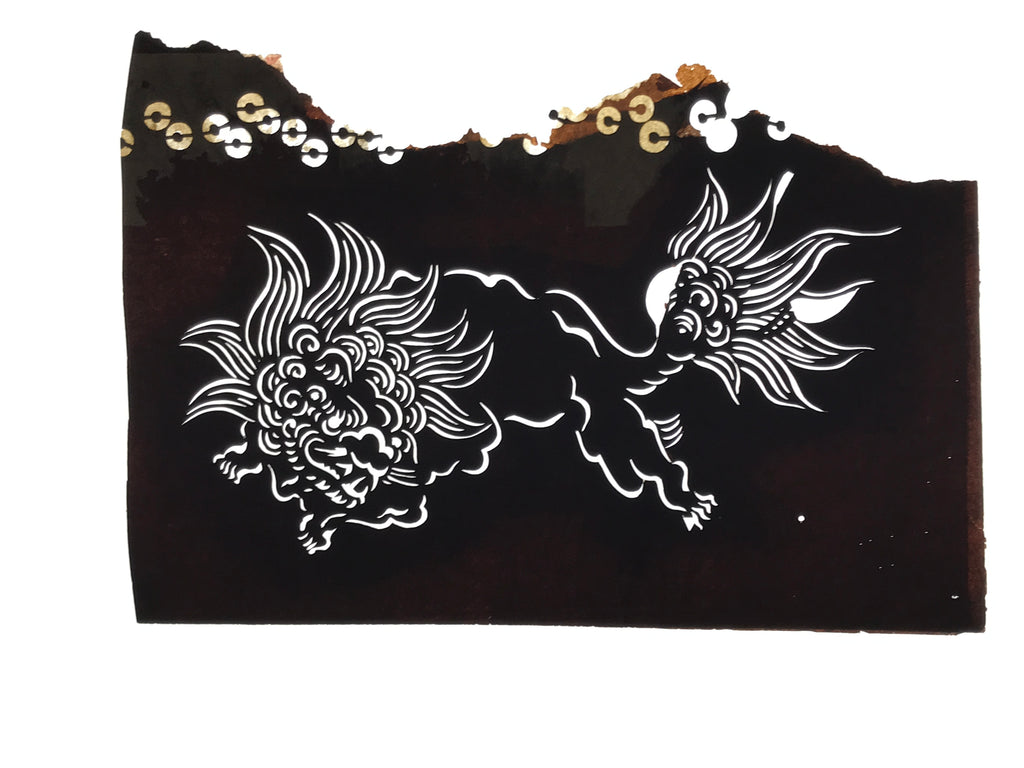Antique Japanese Ise Katagami Paper Kimono Stencil Katazome Shishi Lion A825