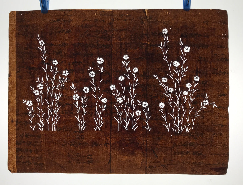 Antique Japanese Ise Katagami Paper Kimono Stencil Nadeshiko Carnations A722