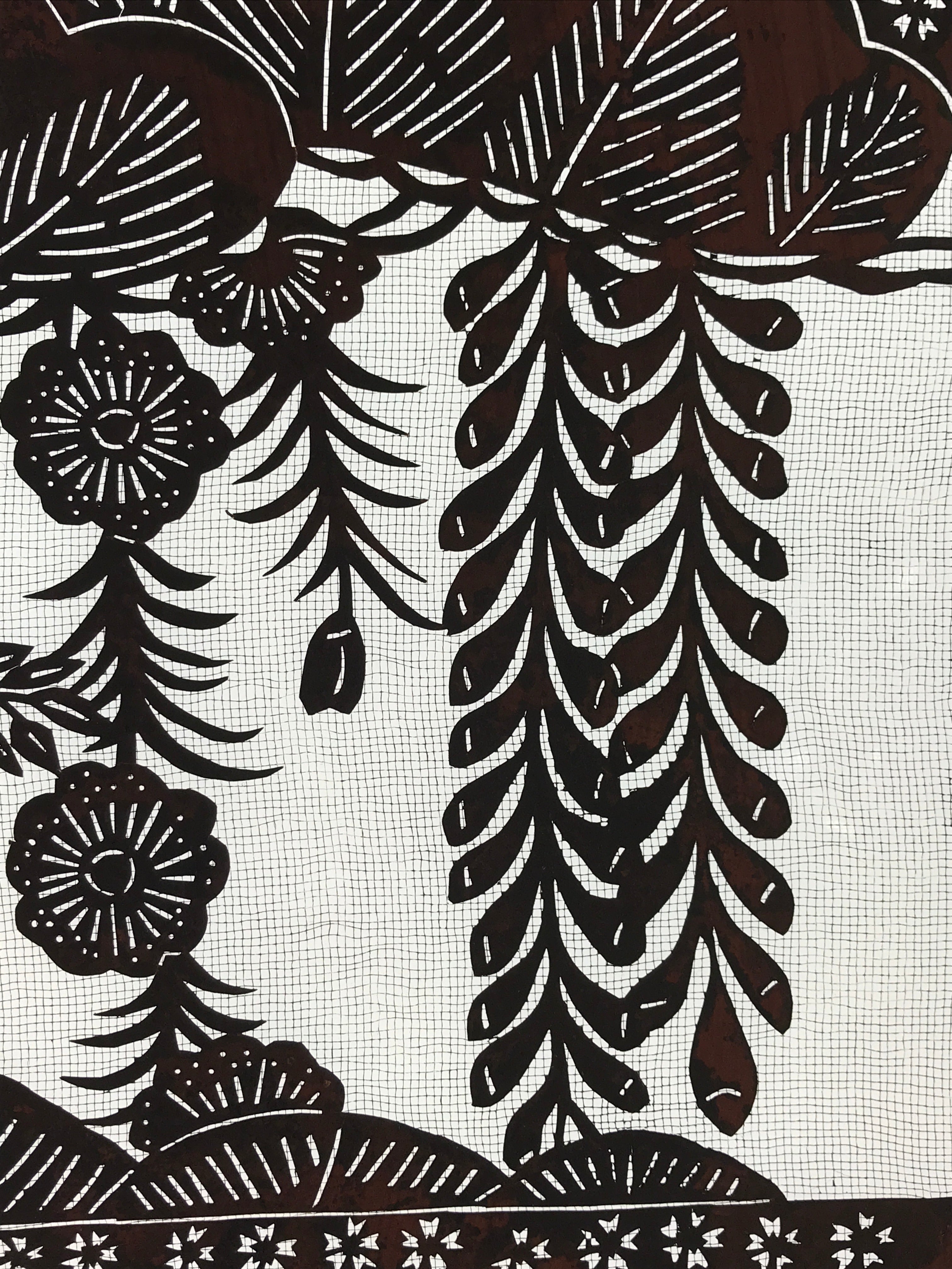 Antique Japanese Katagami Kimono Paper Stencil Katazome Bird Pine Flowers 4Y510