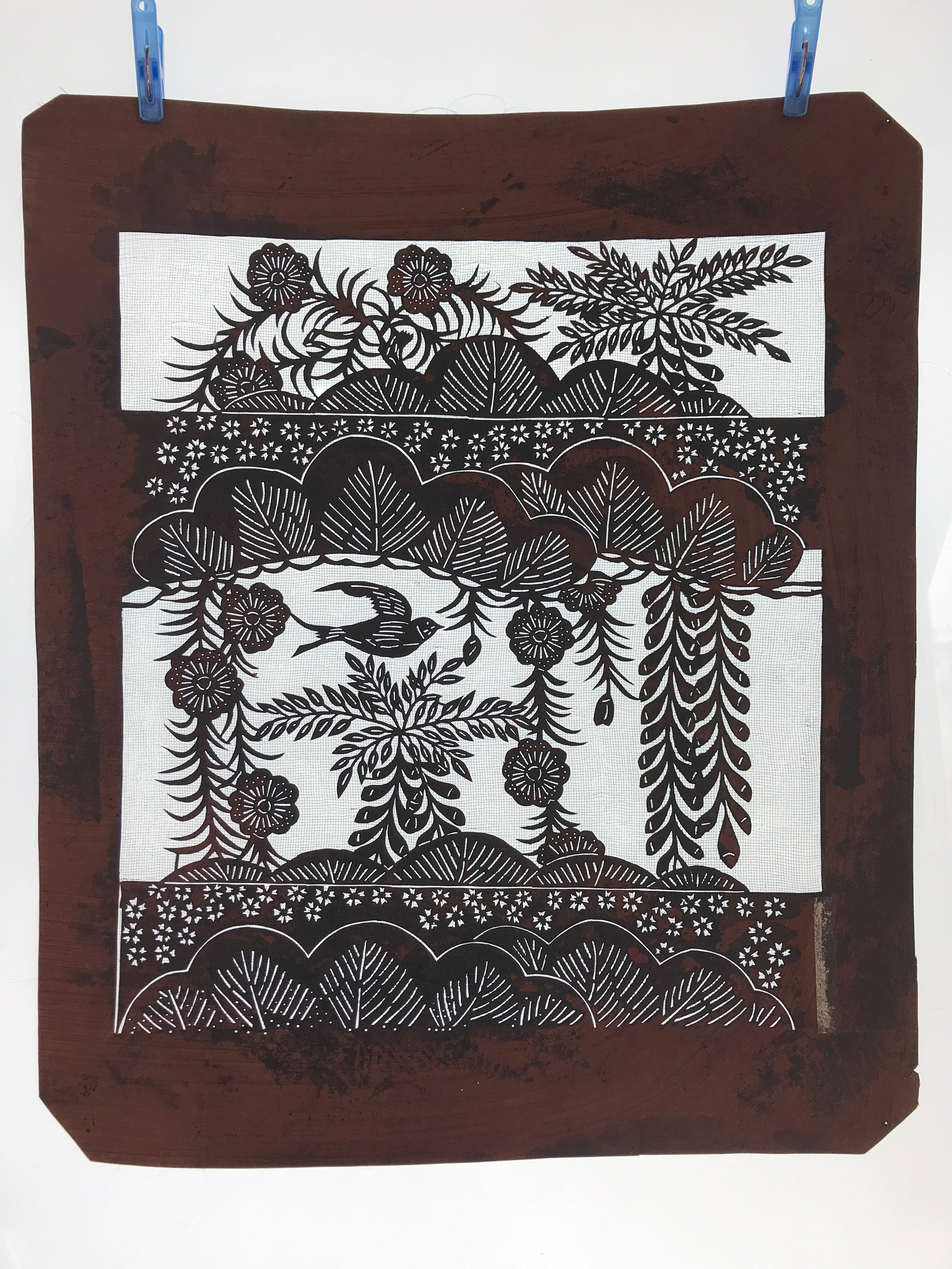 Antique Japanese Katagami Kimono Paper Stencil Katazome Bird Pine Flowers 4Y510