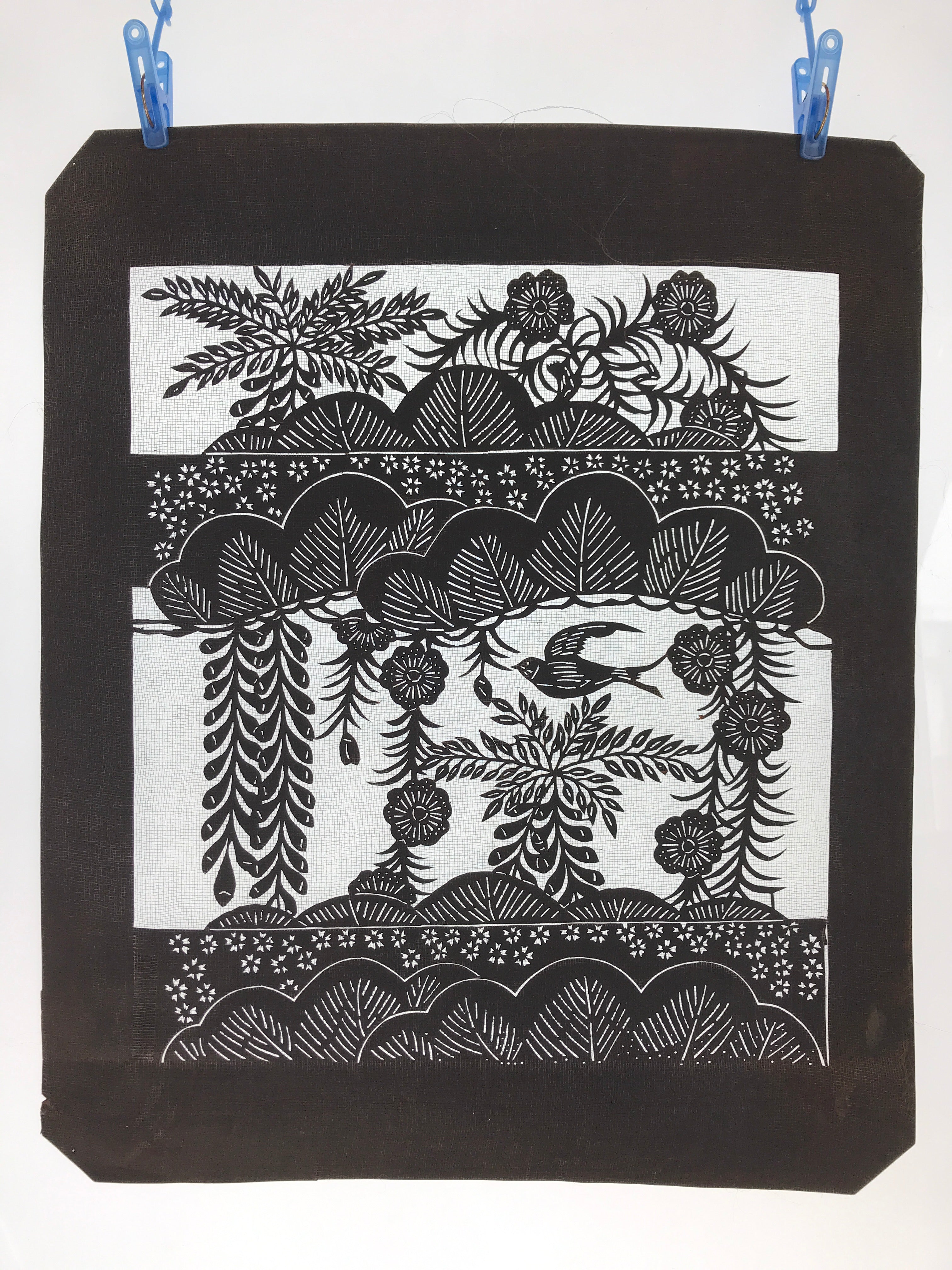 Antique Japanese Katagami Kimono Paper Stencil Katazome Bird Pine Flowers 4Y510