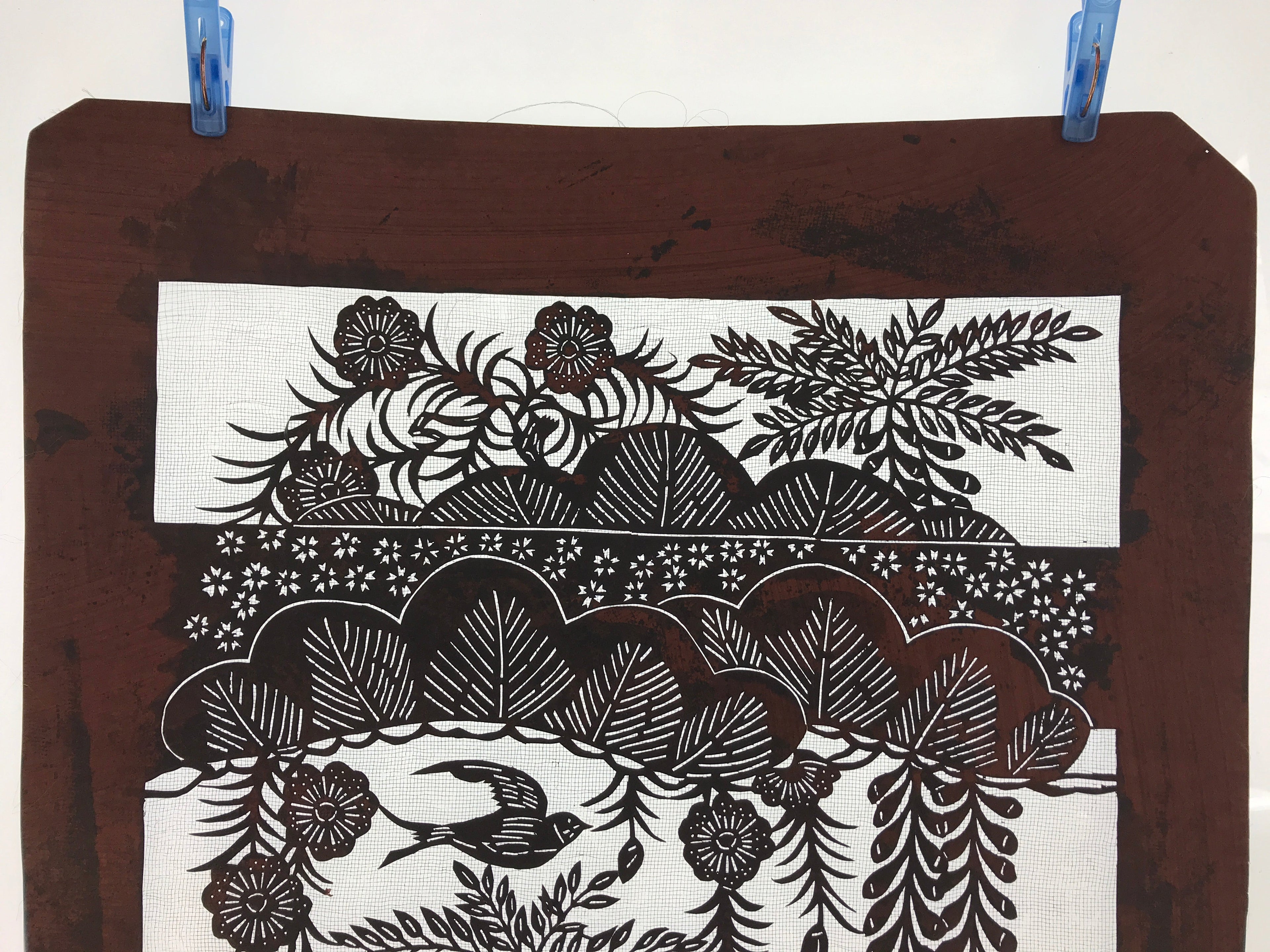 Antique Japanese Katagami Kimono Paper Stencil Katazome Bird Pine Flowers 4Y510