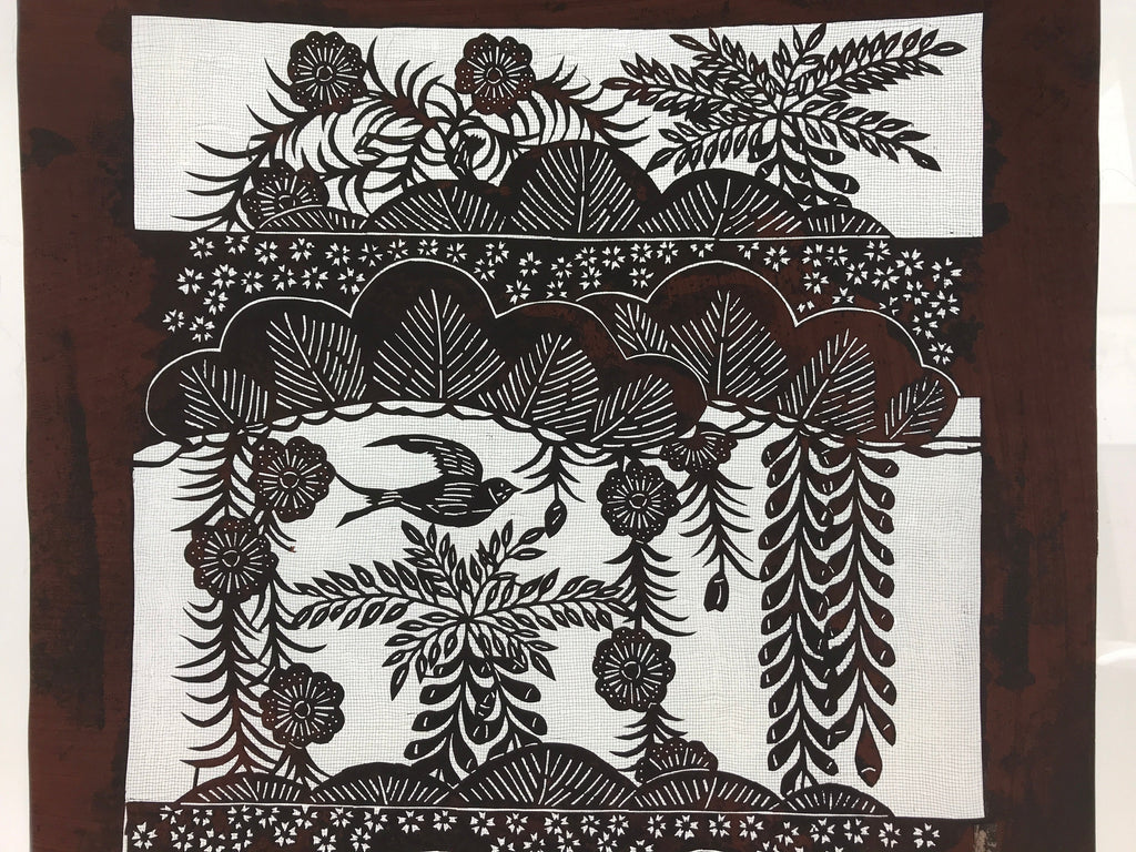Antique Japanese Katagami Kimono Paper Stencil Katazome Bird Pine Flowers 4Y510