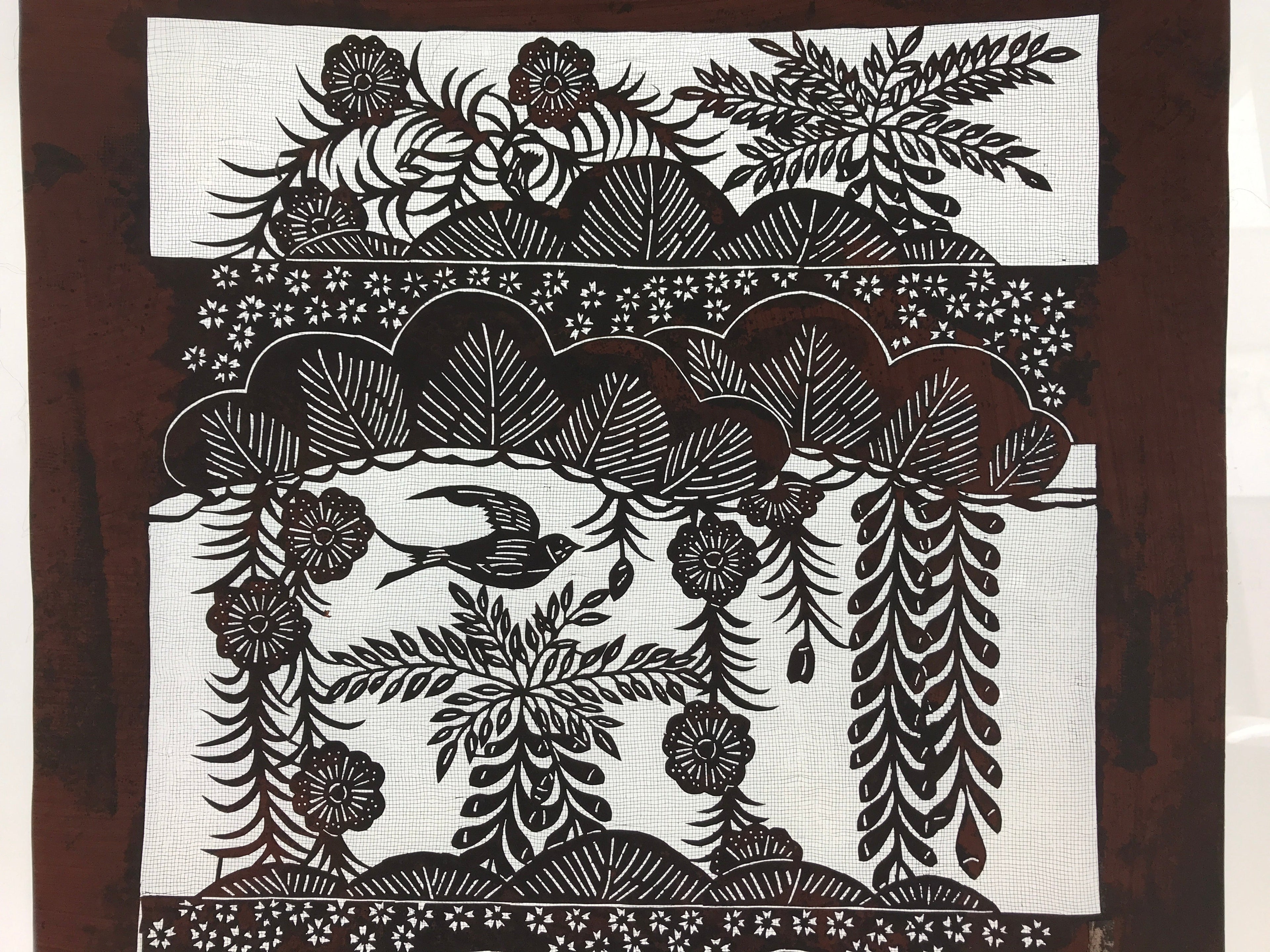 Antique Japanese Katagami Kimono Paper Stencil Katazome Bird Pine Flowers 4Y510
