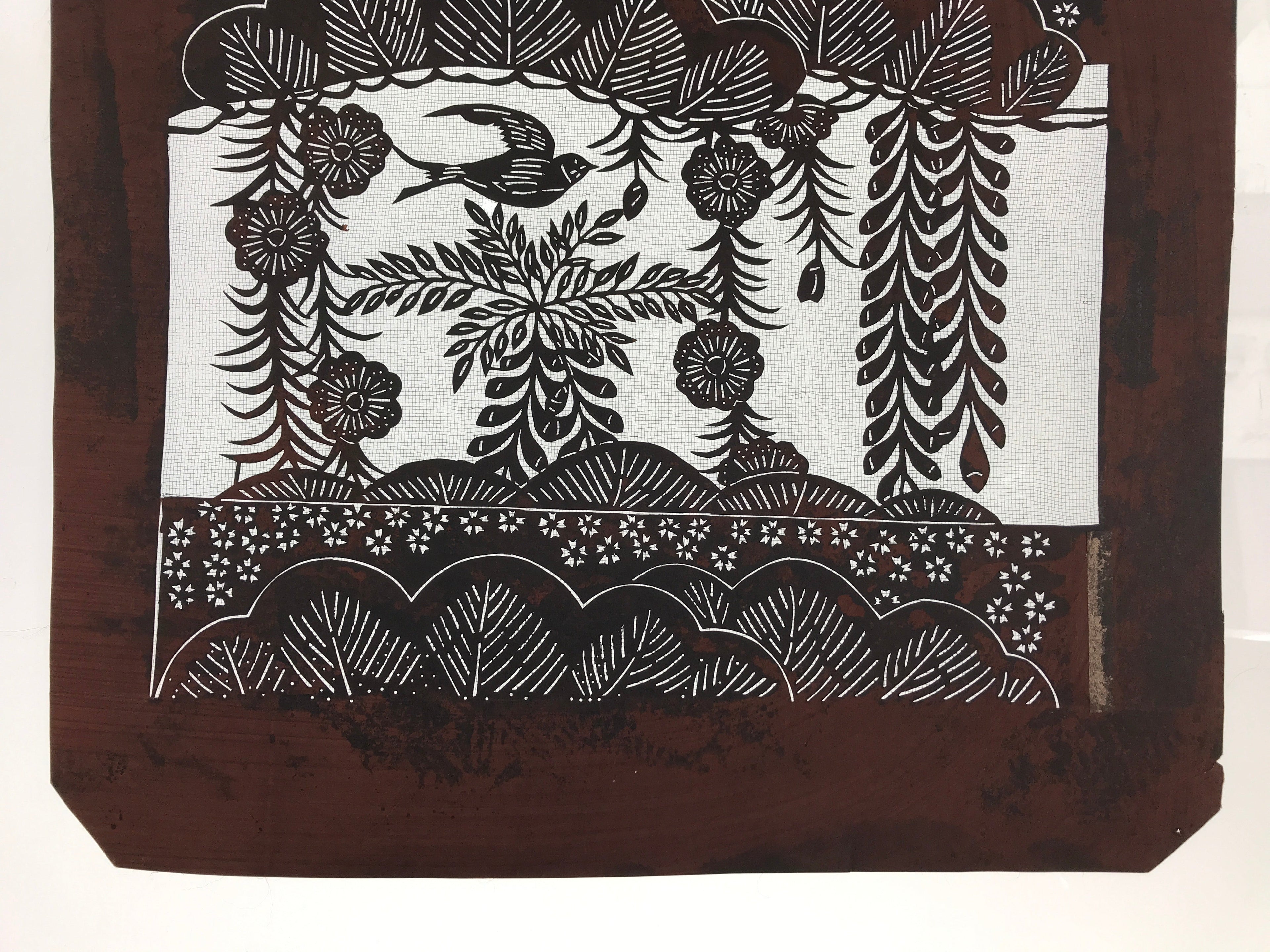 Antique Japanese Katagami Kimono Paper Stencil Katazome Bird Pine Flowers 4Y510