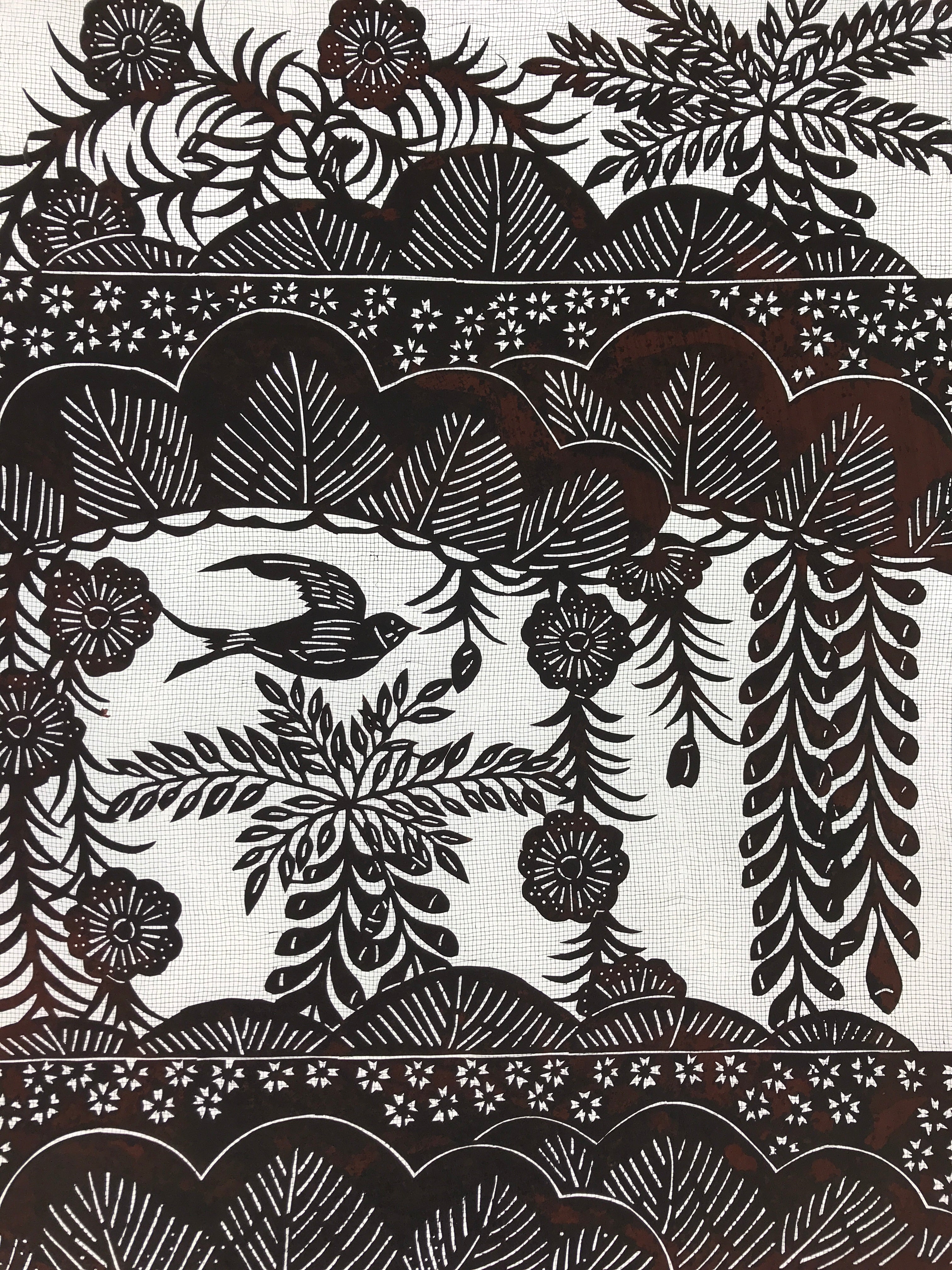 Antique Japanese Katagami Kimono Paper Stencil Katazome Bird Pine Flowers 4Y510