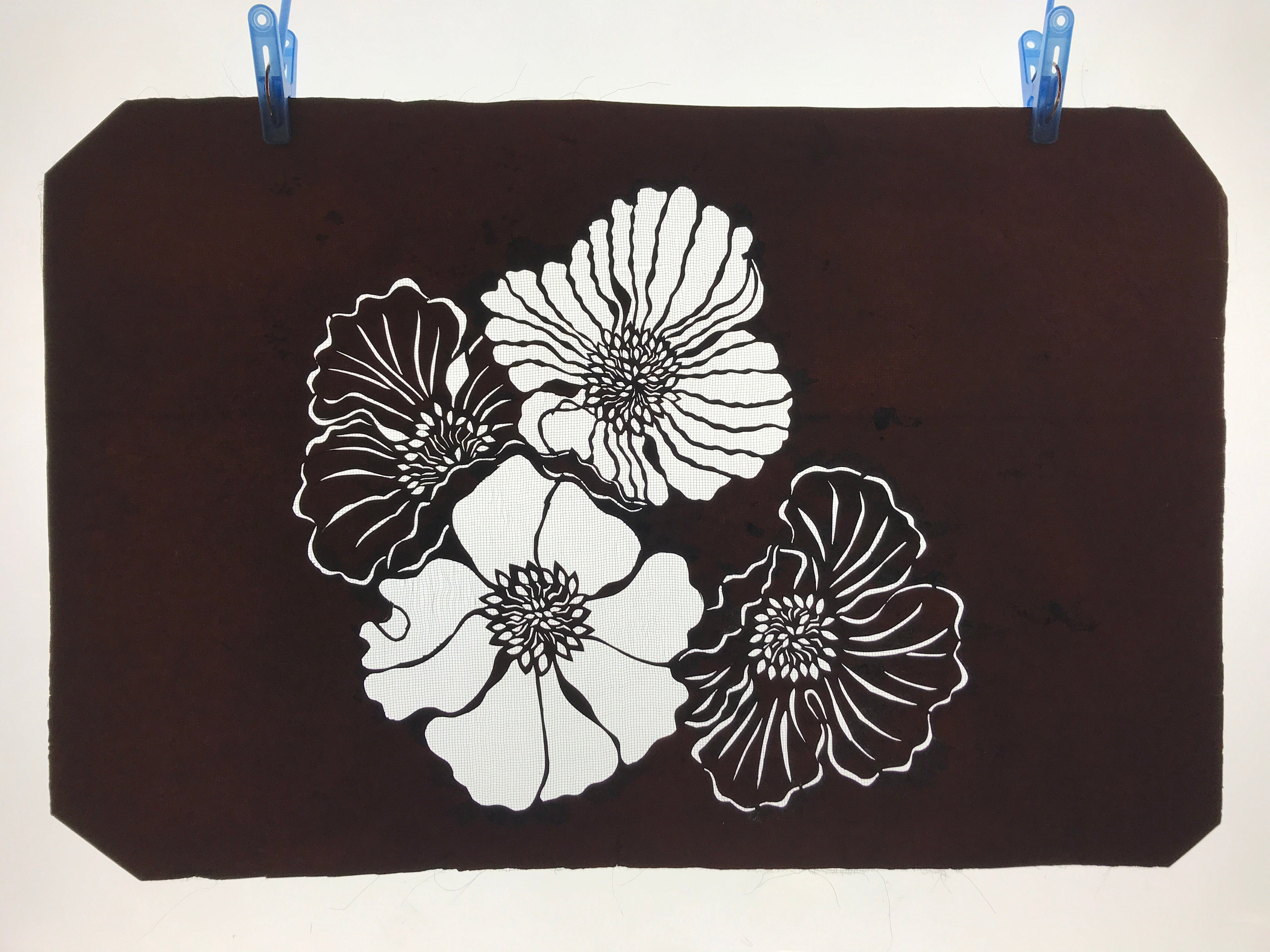 Antique Japanese Katagami Kimono Paper Stencil Katazome Botan Peony 4Y534