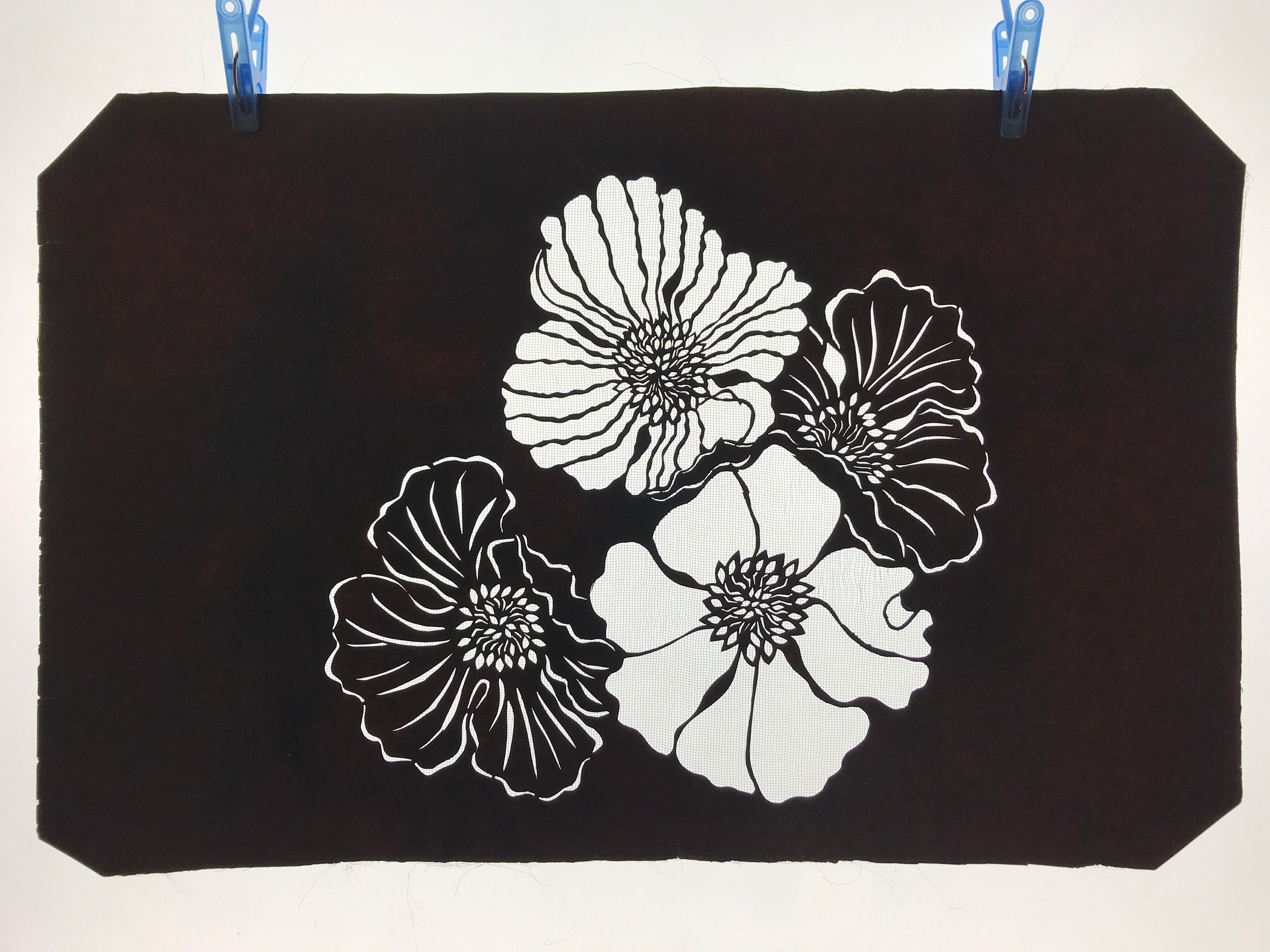 Antique Japanese Katagami Kimono Paper Stencil Katazome Botan Peony 4Y534