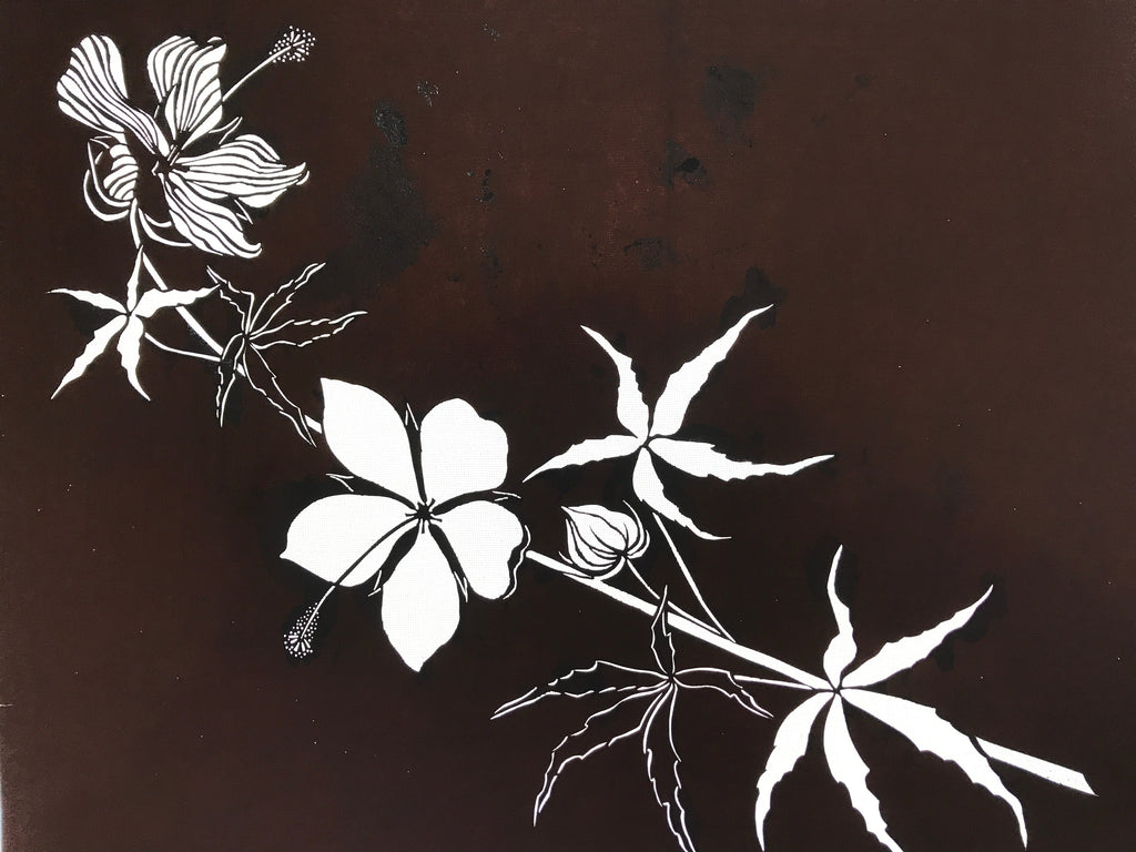 Antique Japanese Katagami Kimono Paper Stencil Katazome Hibiscus Flowers 4Y571