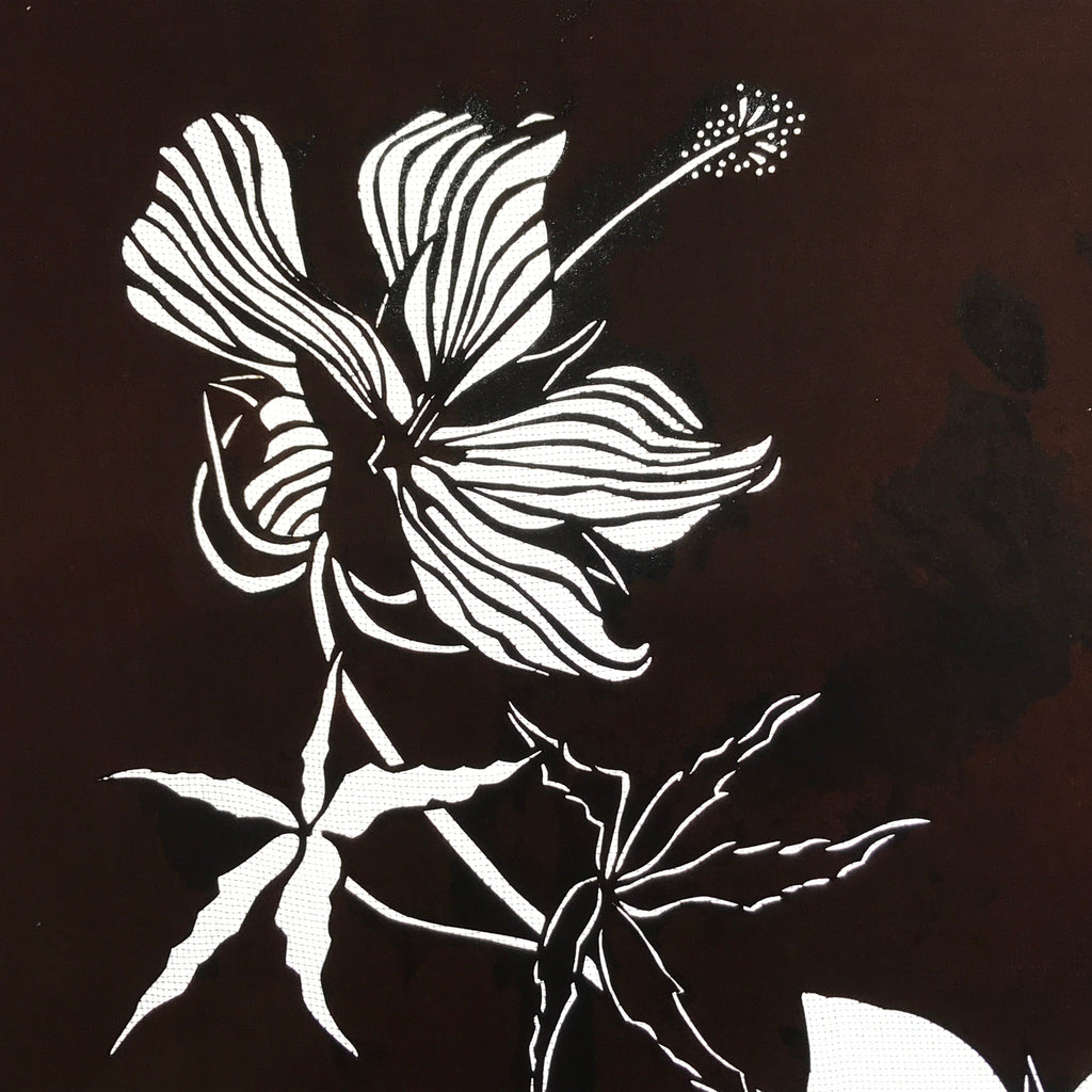 Antique Japanese Katagami Kimono Paper Stencil Katazome Hibiscus Flowers 4Y571