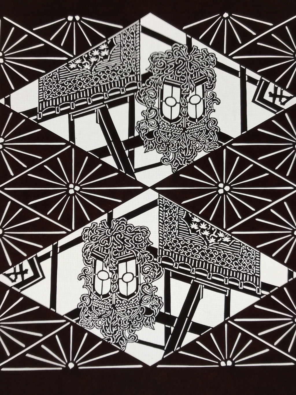 Antique Japanese Katagami Kimono Paper Stencil Katazome Lantern Curtain 4Y641
