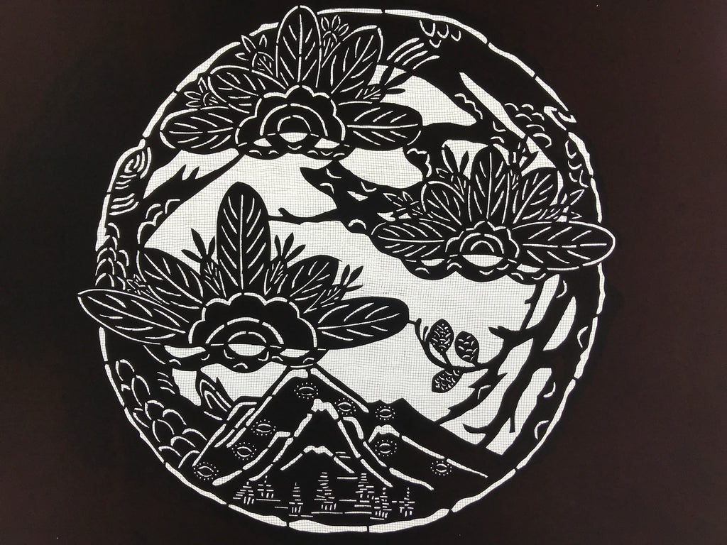 Antique Japanese Katagami Kimono Paper Stencil Katazome Pine Mountain 4Y531