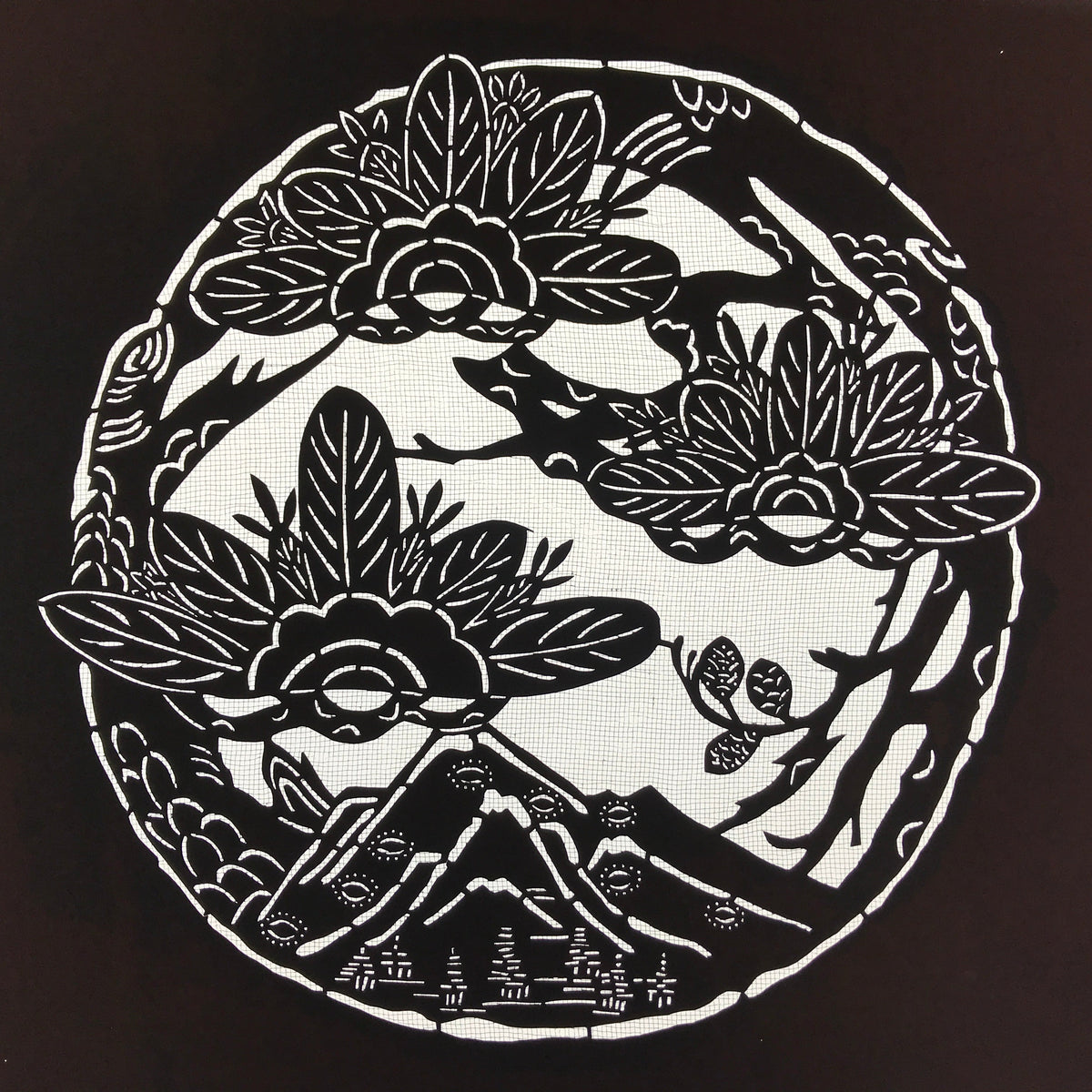 Antique Japanese Katagami Kimono Paper Stencil Katazome Pine Mountain 4Y531