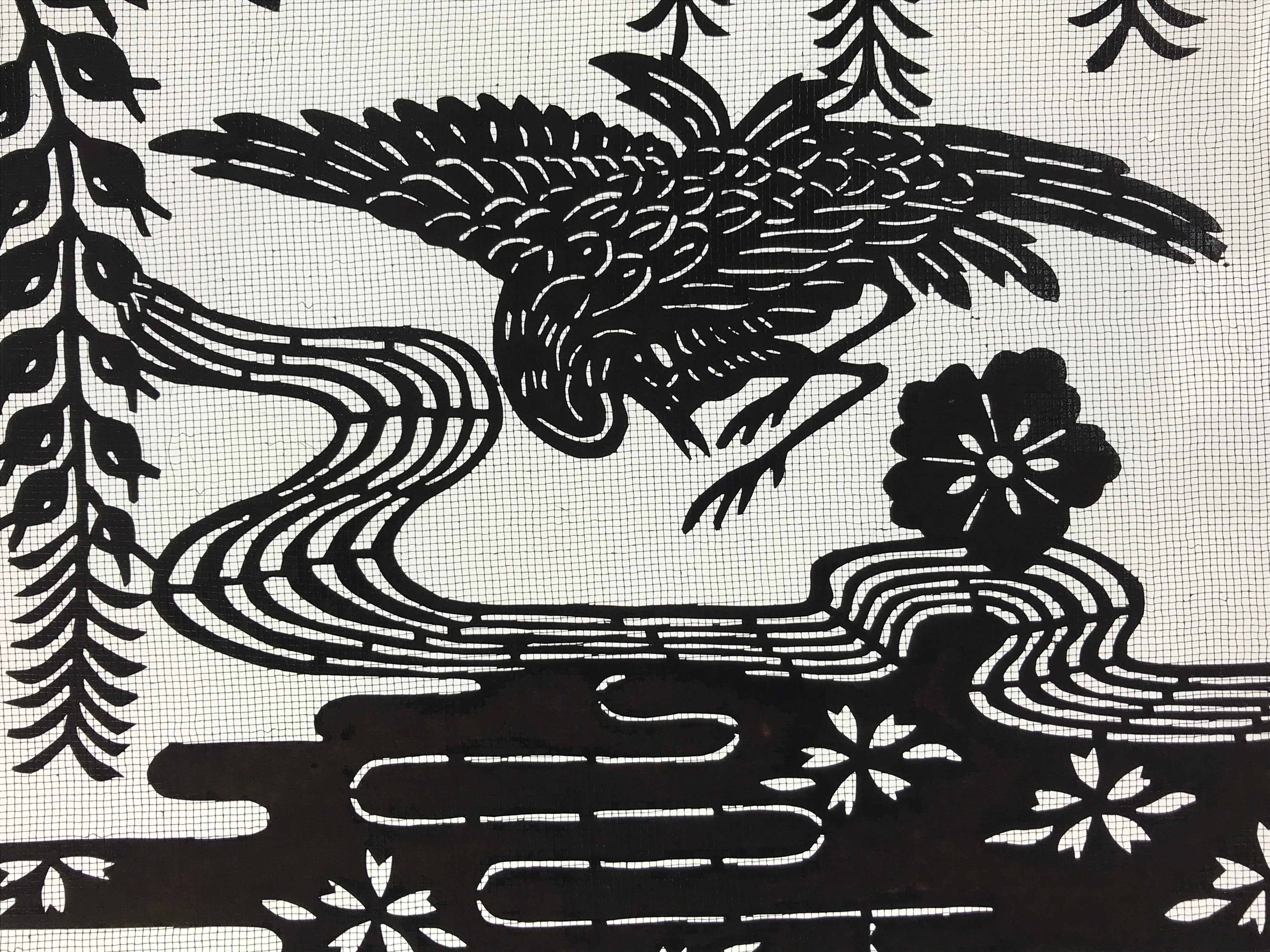Antique Japanese Katagami Kimono Paper Stencil Katazome Pond Peony Crane 4Y514