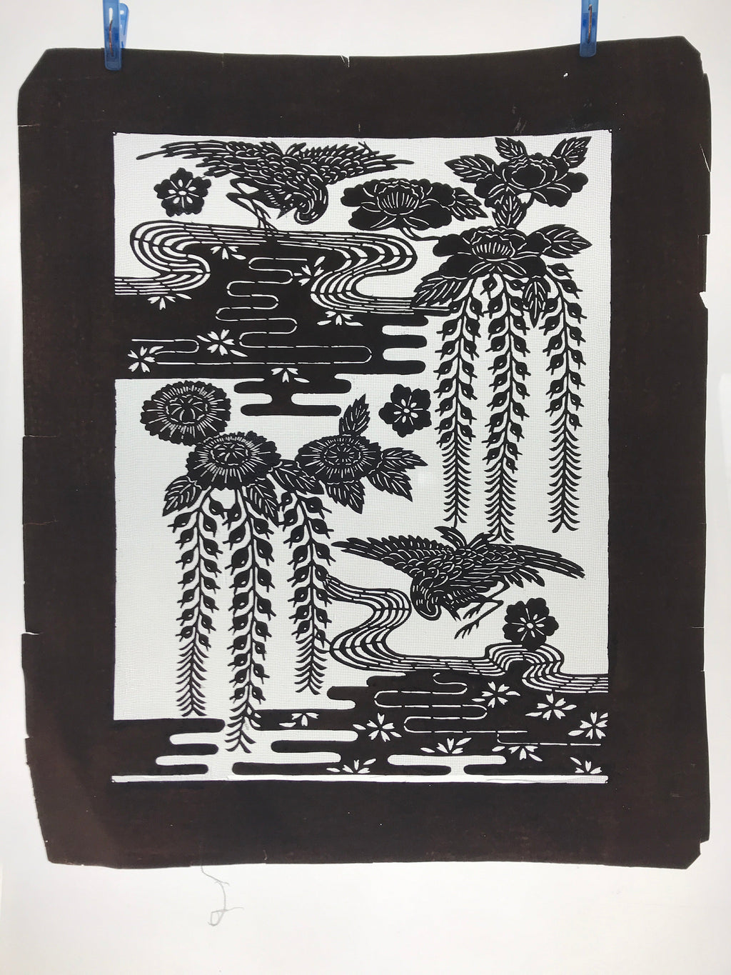Antique Japanese Katagami Kimono Paper Stencil Katazome Pond Peony Crane 4Y514