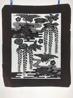 Antique Japanese Katagami Kimono Paper Stencil Katazome Pond Peony Crane 4Y514