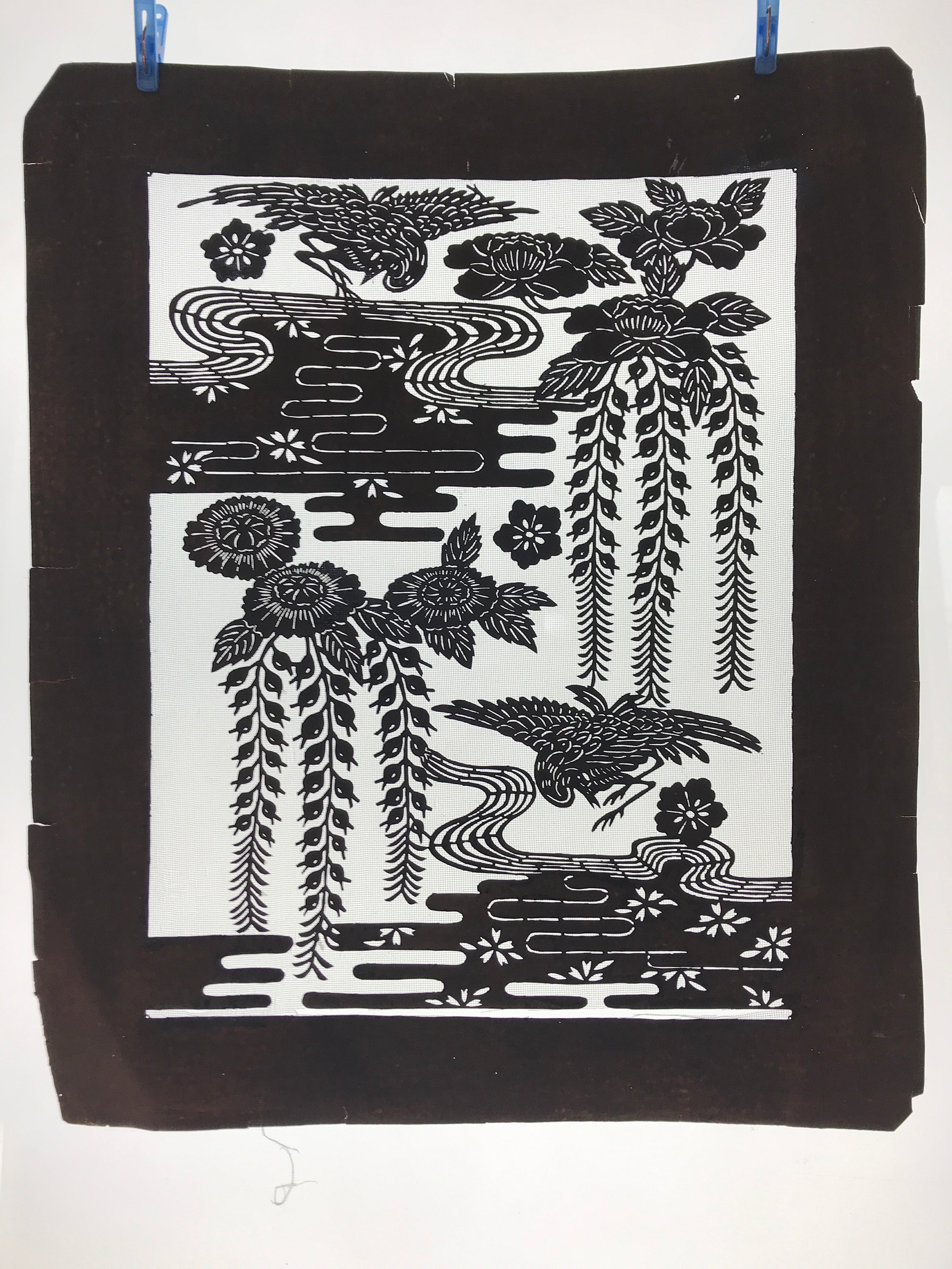 Antique Japanese Katagami Kimono Paper Stencil Katazome Pond Peony Crane 4Y514