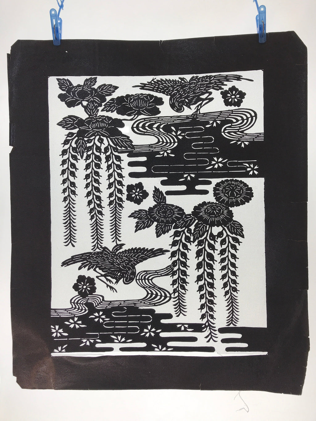 Antique Japanese Katagami Kimono Paper Stencil Katazome Pond Peony Crane 4Y514