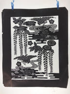 Antique Japanese Katagami Kimono Paper Stencil Katazome Pond Peony Crane 4Y514