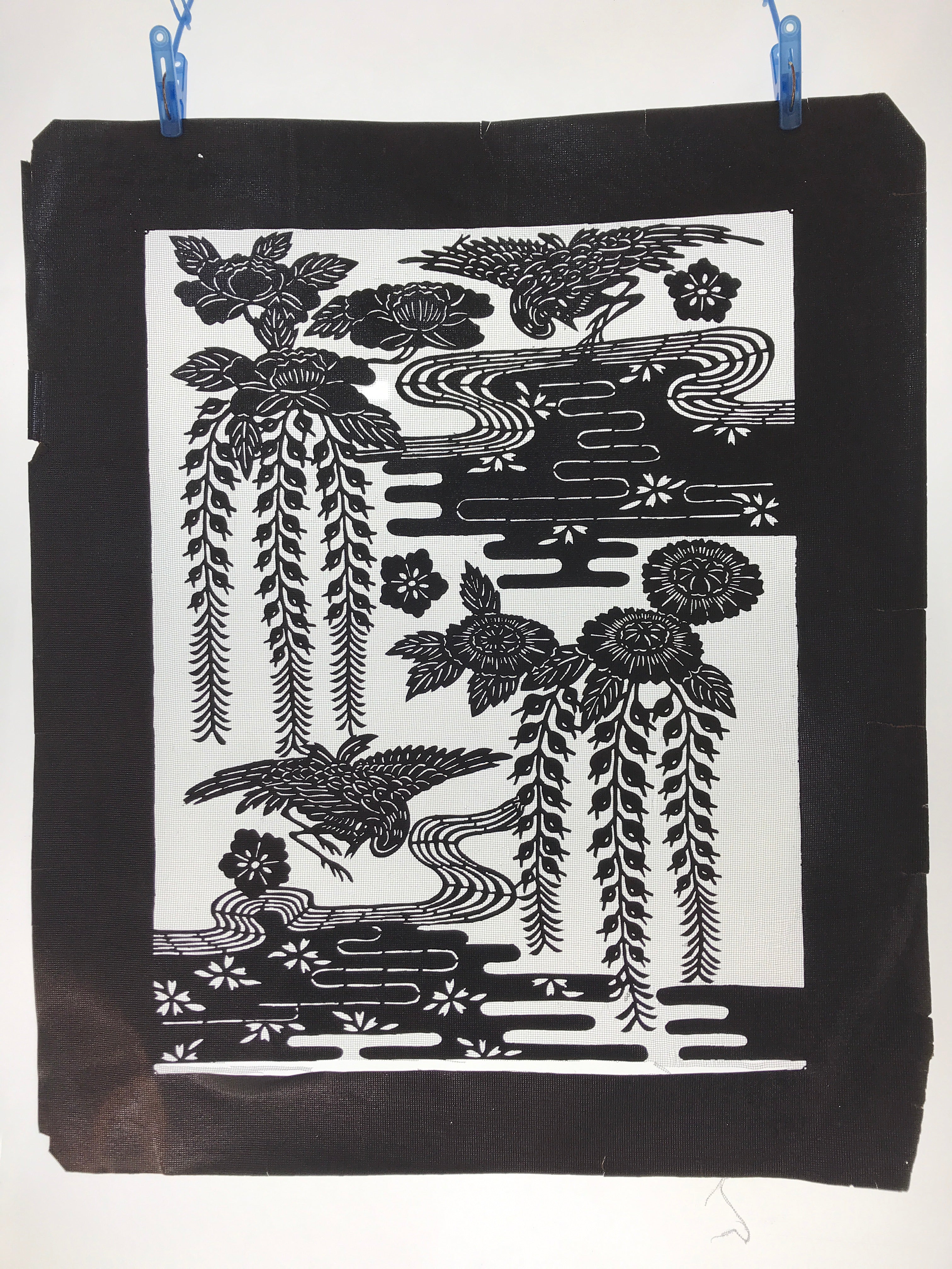 Antique Japanese Katagami Kimono Paper Stencil Katazome Pond Peony Crane 4Y514