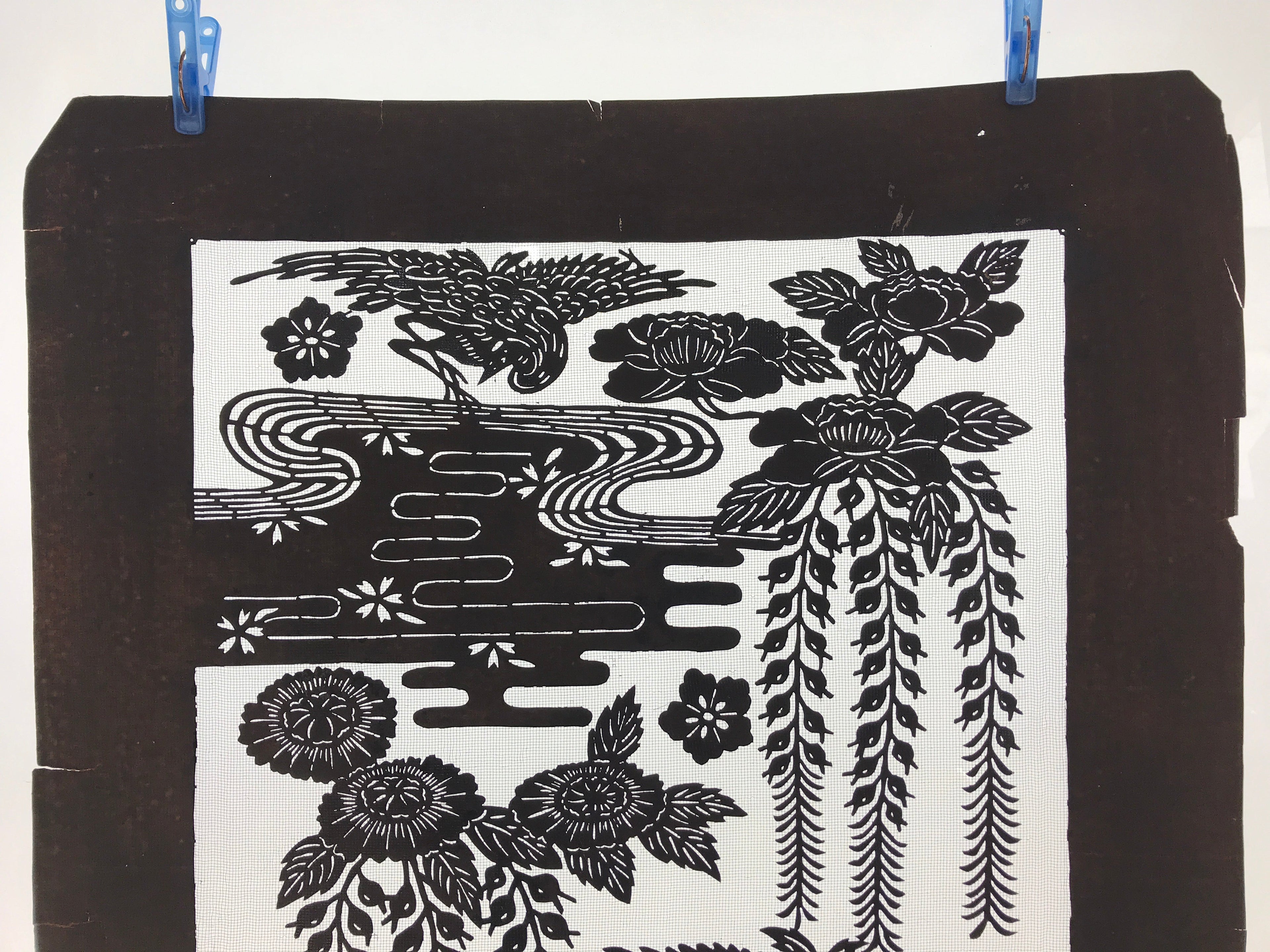Antique Japanese Katagami Kimono Paper Stencil Katazome Pond Peony Crane 4Y514