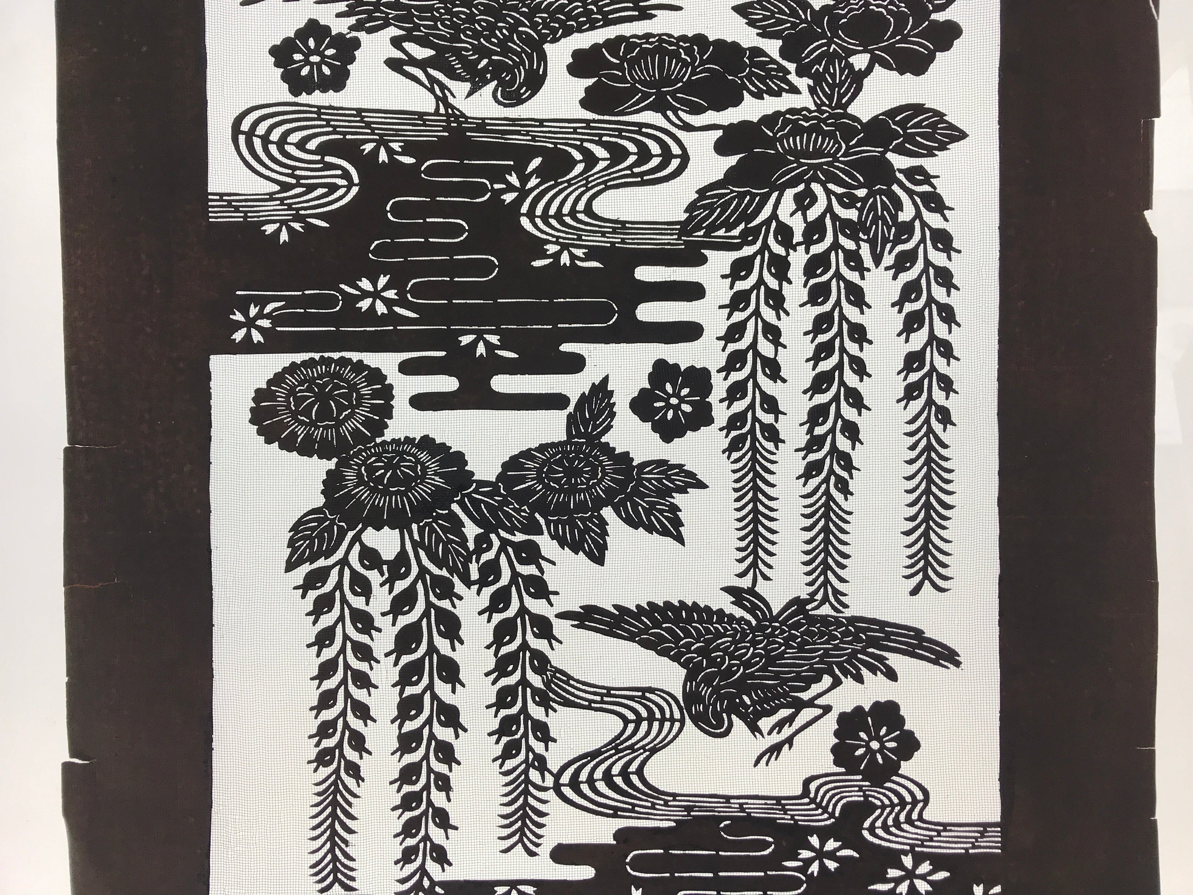 Antique Japanese Katagami Kimono Paper Stencil Katazome Pond Peony Crane 4Y514
