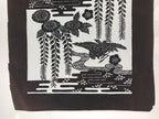 Antique Japanese Katagami Kimono Paper Stencil Katazome Pond Peony Crane 4Y514