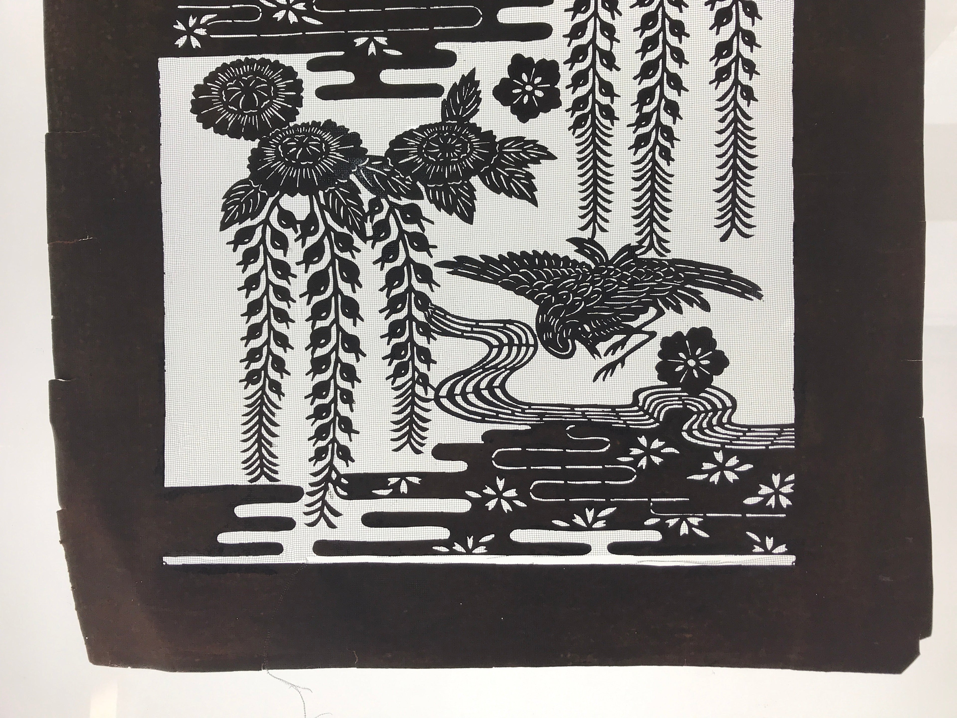 Antique Japanese Katagami Kimono Paper Stencil Katazome Pond Peony Crane 4Y514