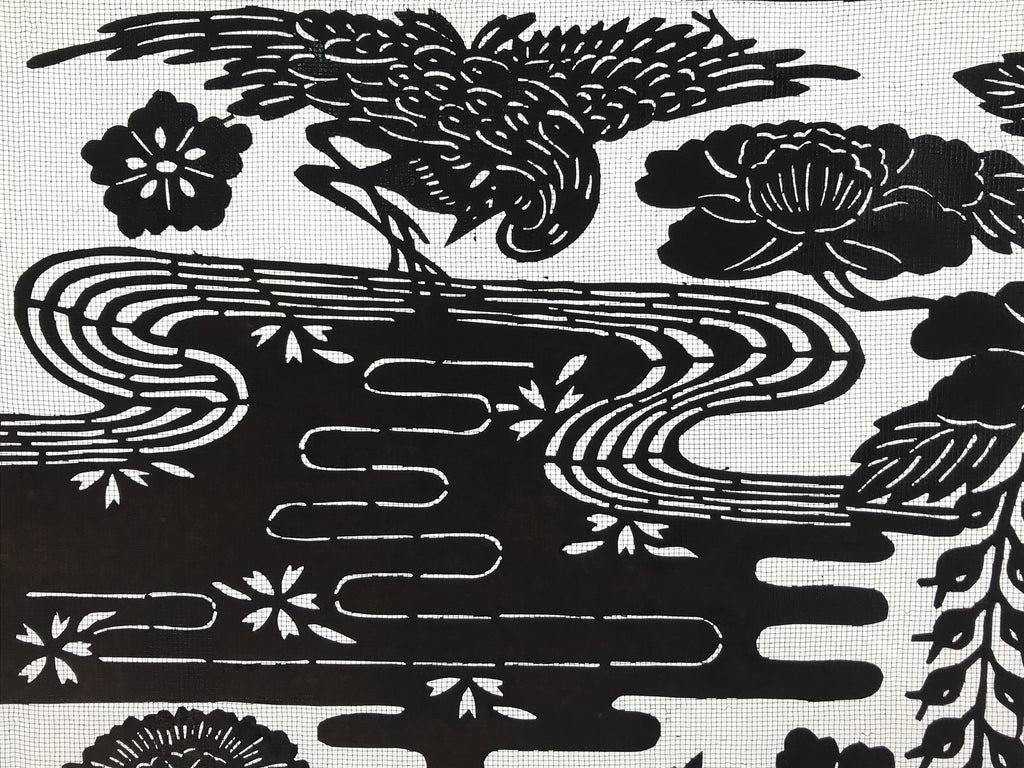 Antique Japanese Katagami Kimono Paper Stencil Katazome Pond Peony Crane 4Y514