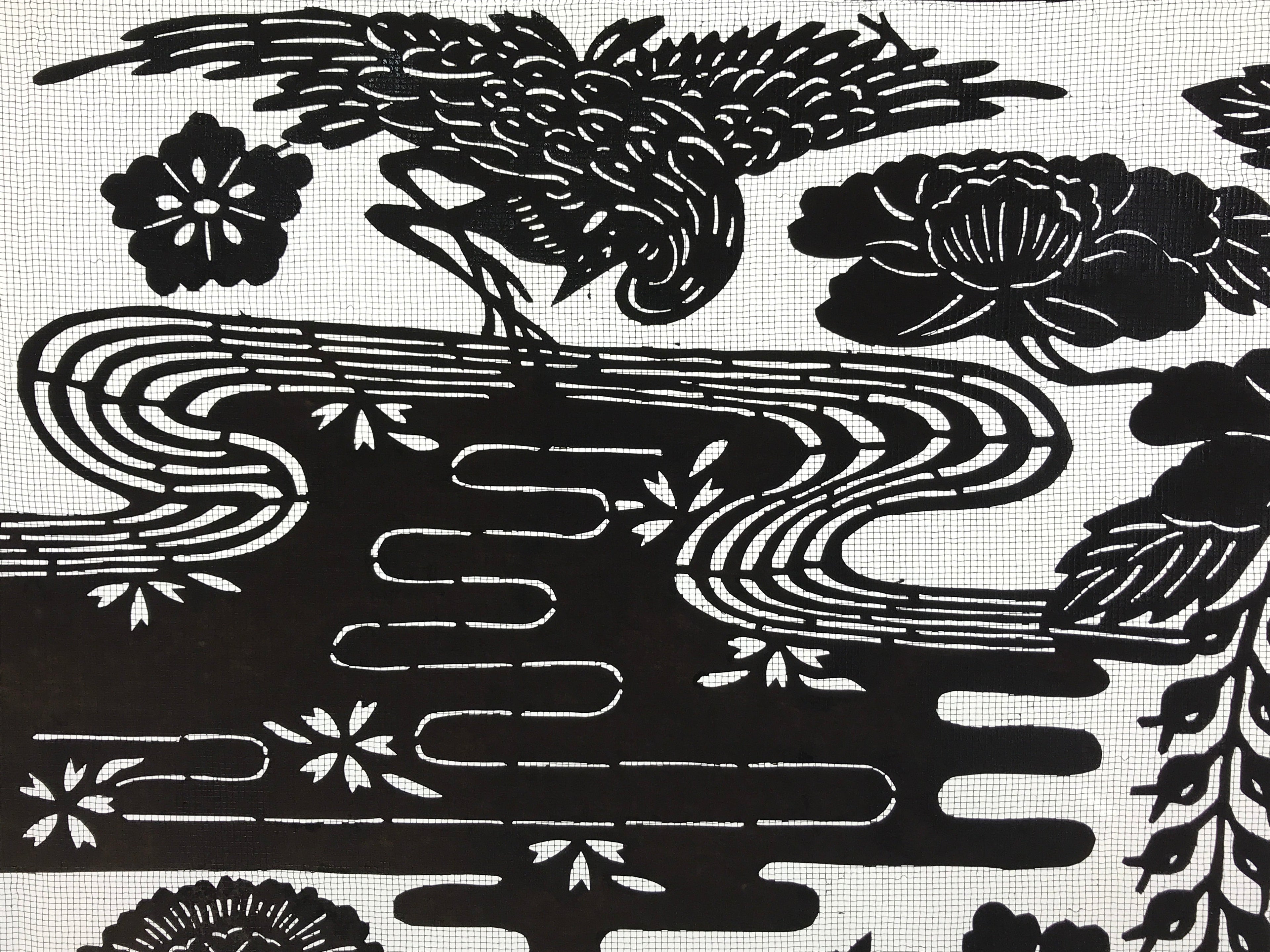 Antique Japanese Katagami Kimono Paper Stencil Katazome Pond Peony Crane 4Y514