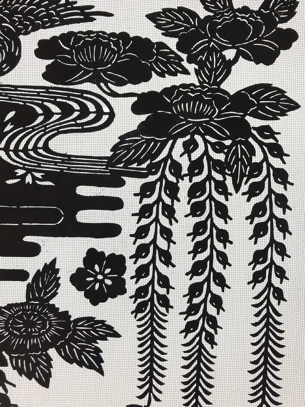 Antique Japanese Katagami Kimono Paper Stencil Katazome Pond Peony Crane 4Y514
