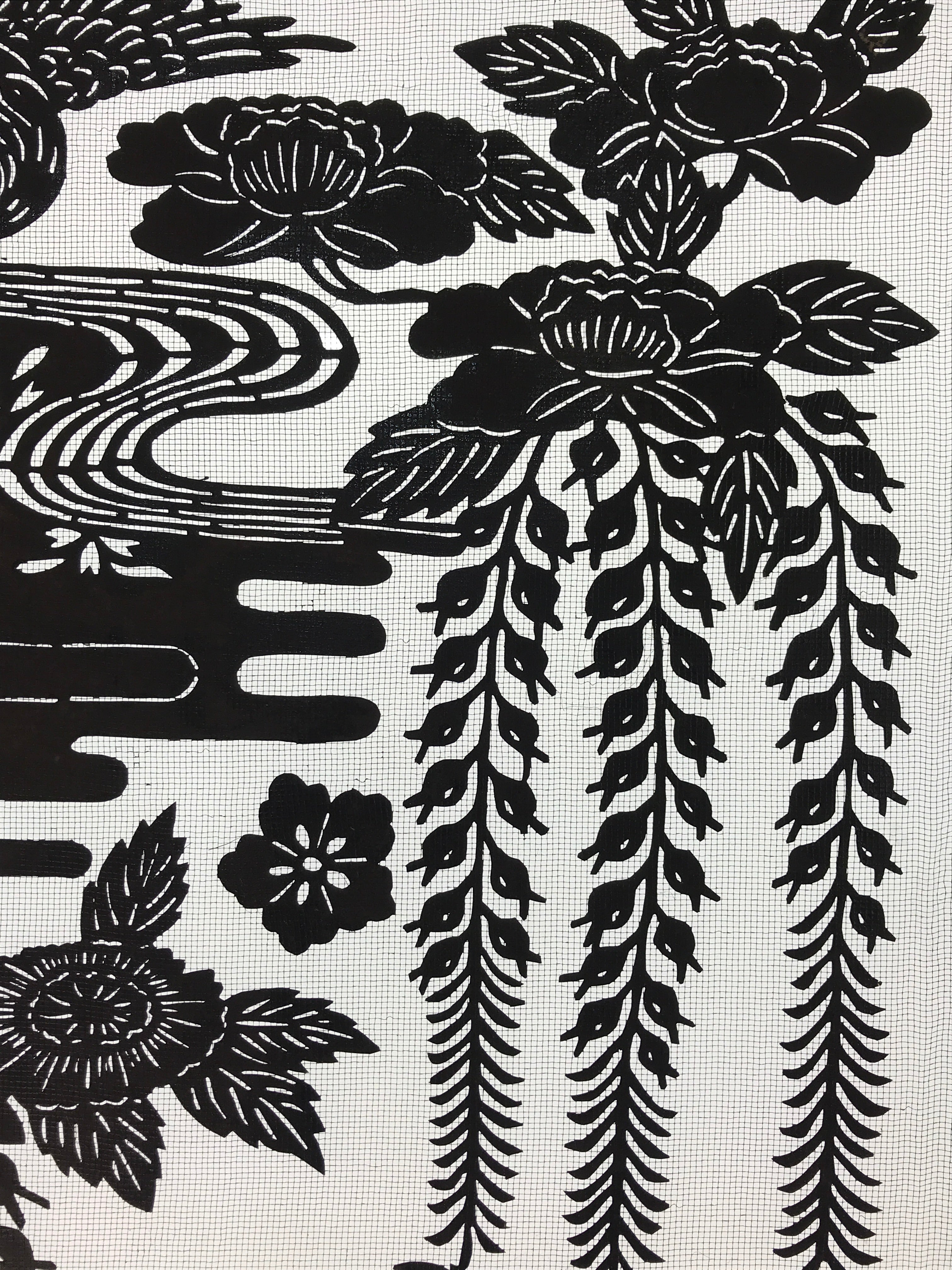 Antique Japanese Katagami Kimono Paper Stencil Katazome Pond Peony Crane 4Y514