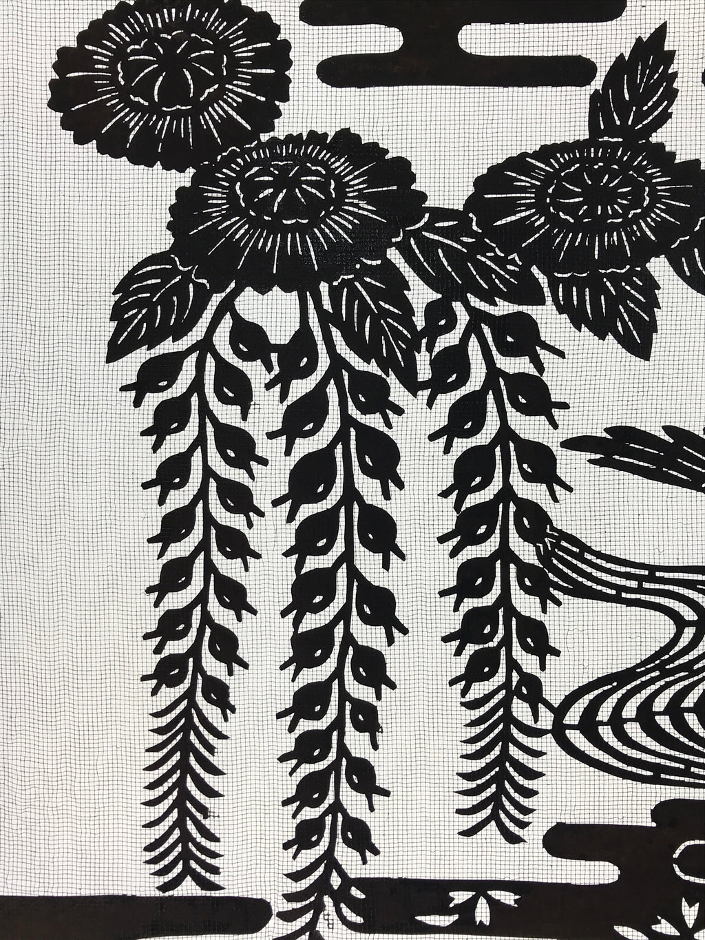 Antique Japanese Katagami Kimono Paper Stencil Katazome Pond Peony Crane 4Y514