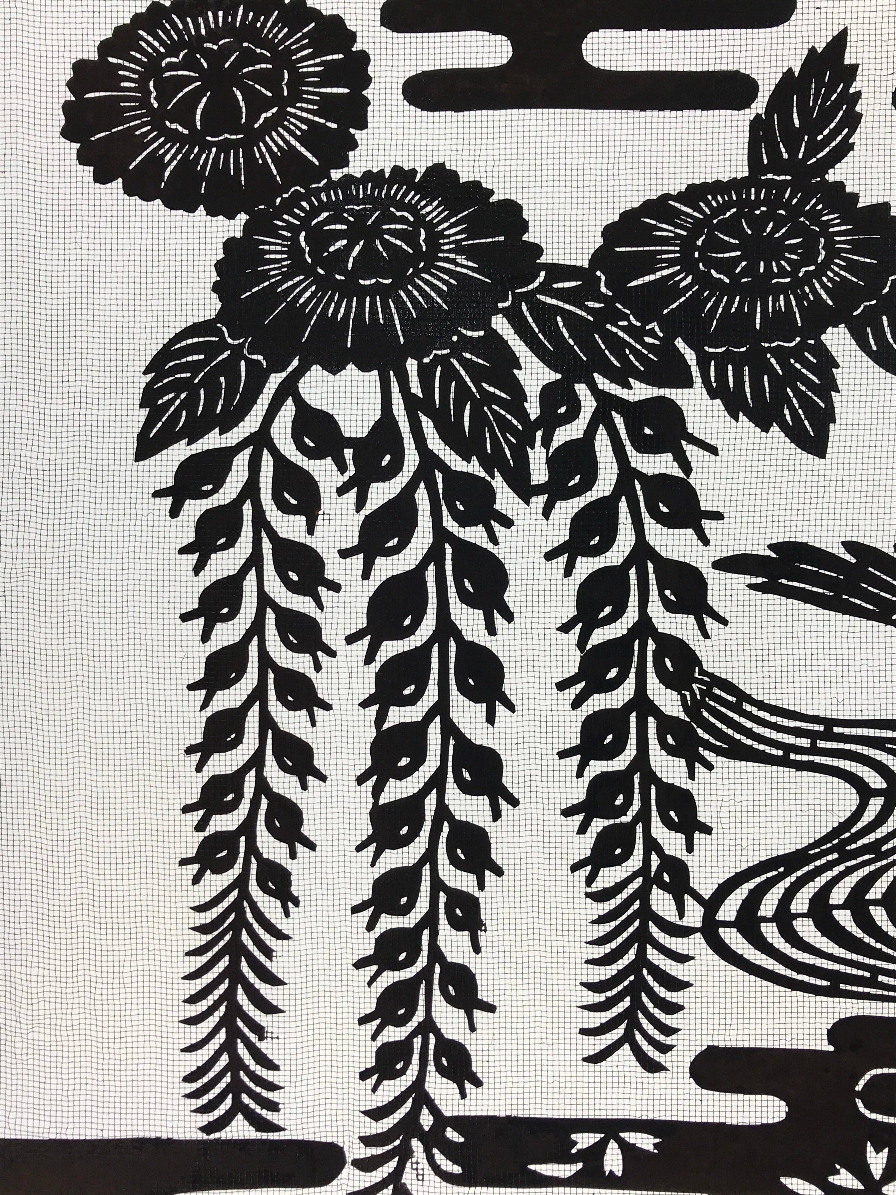Antique Japanese Katagami Kimono Paper Stencil Katazome Pond Peony Crane 4Y514