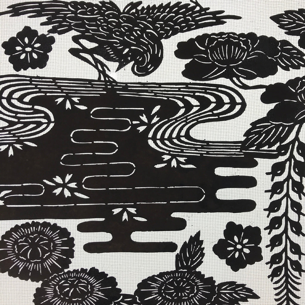 Antique Japanese Katagami Kimono Paper Stencil Katazome Pond Peony Crane 4Y514