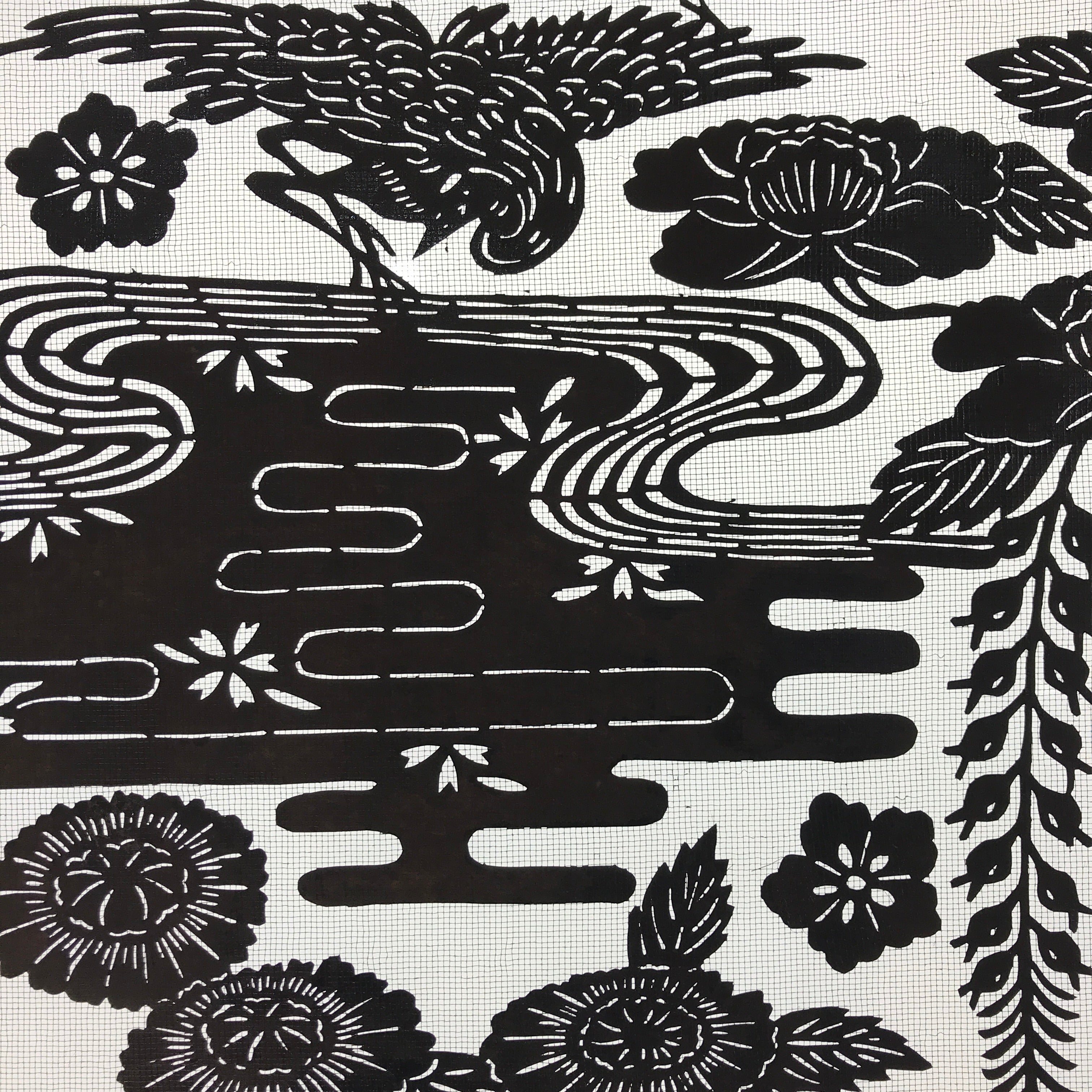 Antique Japanese Katagami Kimono Paper Stencil Katazome Pond Peony Crane 4Y514
