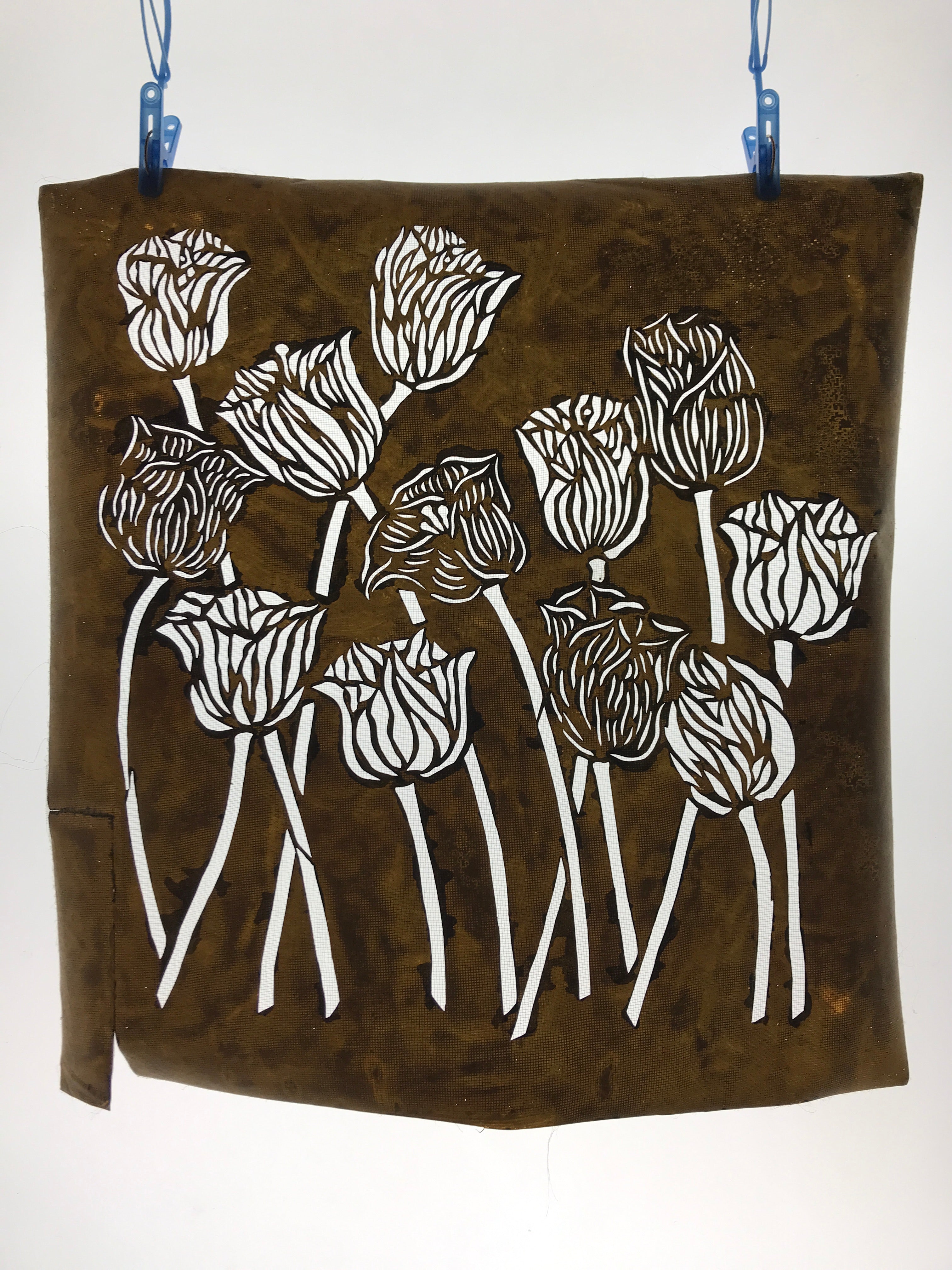 Antique Japanese Katagami Kimono Paper Stencil Katazome Tulips Flowers 4Y565