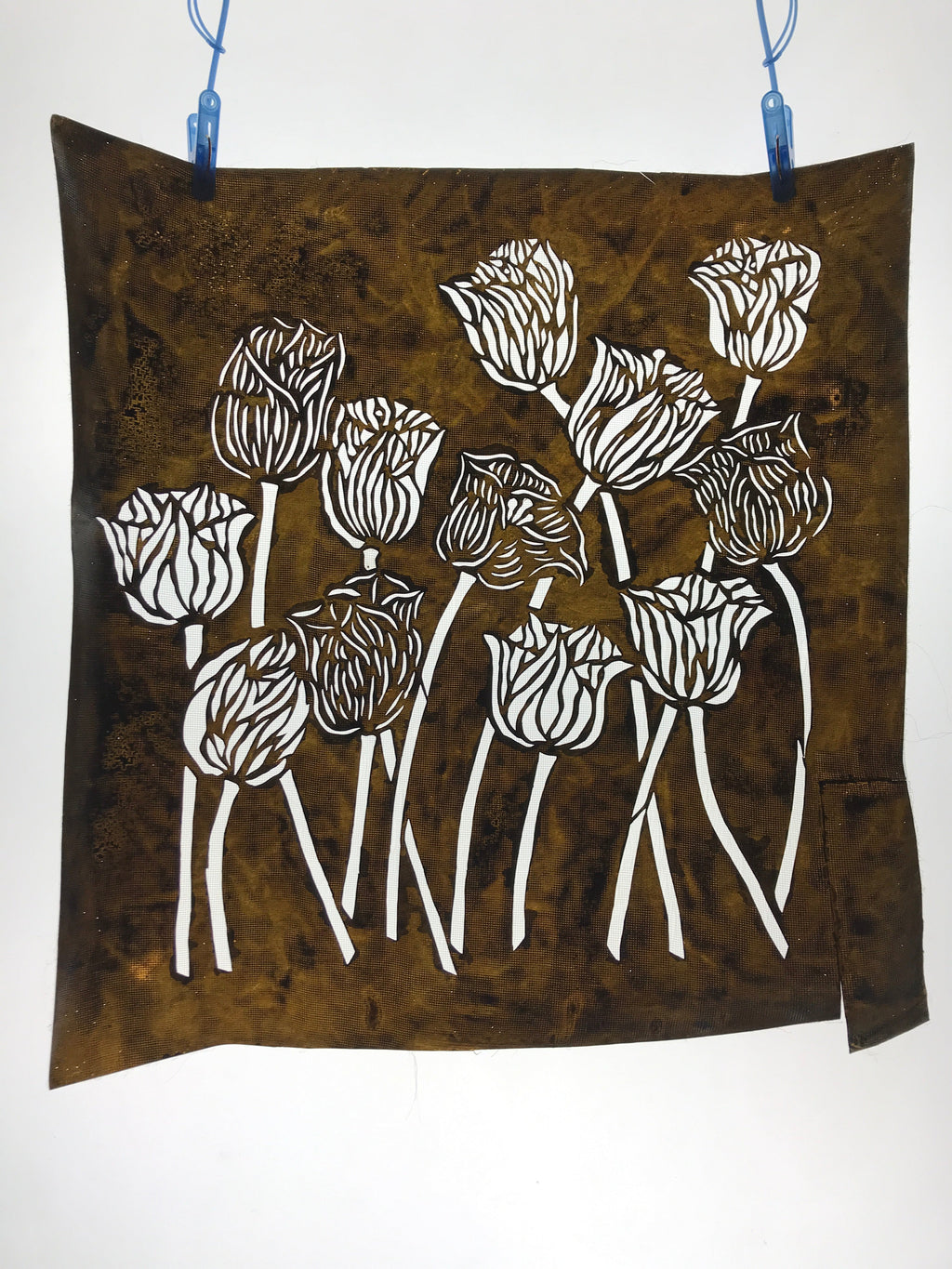 Antique Japanese Katagami Kimono Paper Stencil Katazome Tulips Flowers 4Y565
