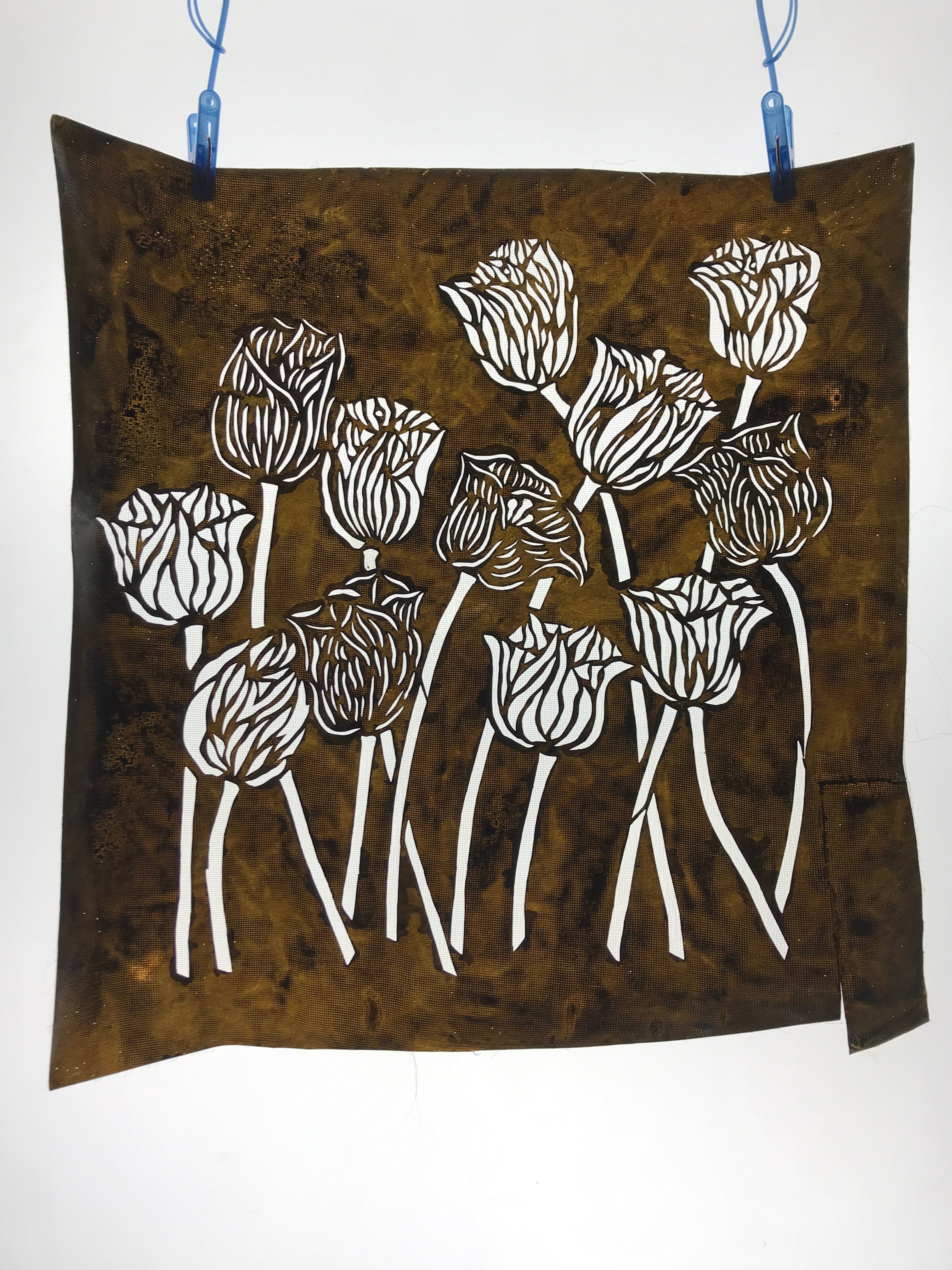 Antique Japanese Katagami Kimono Paper Stencil Katazome Tulips Flowers 4Y565