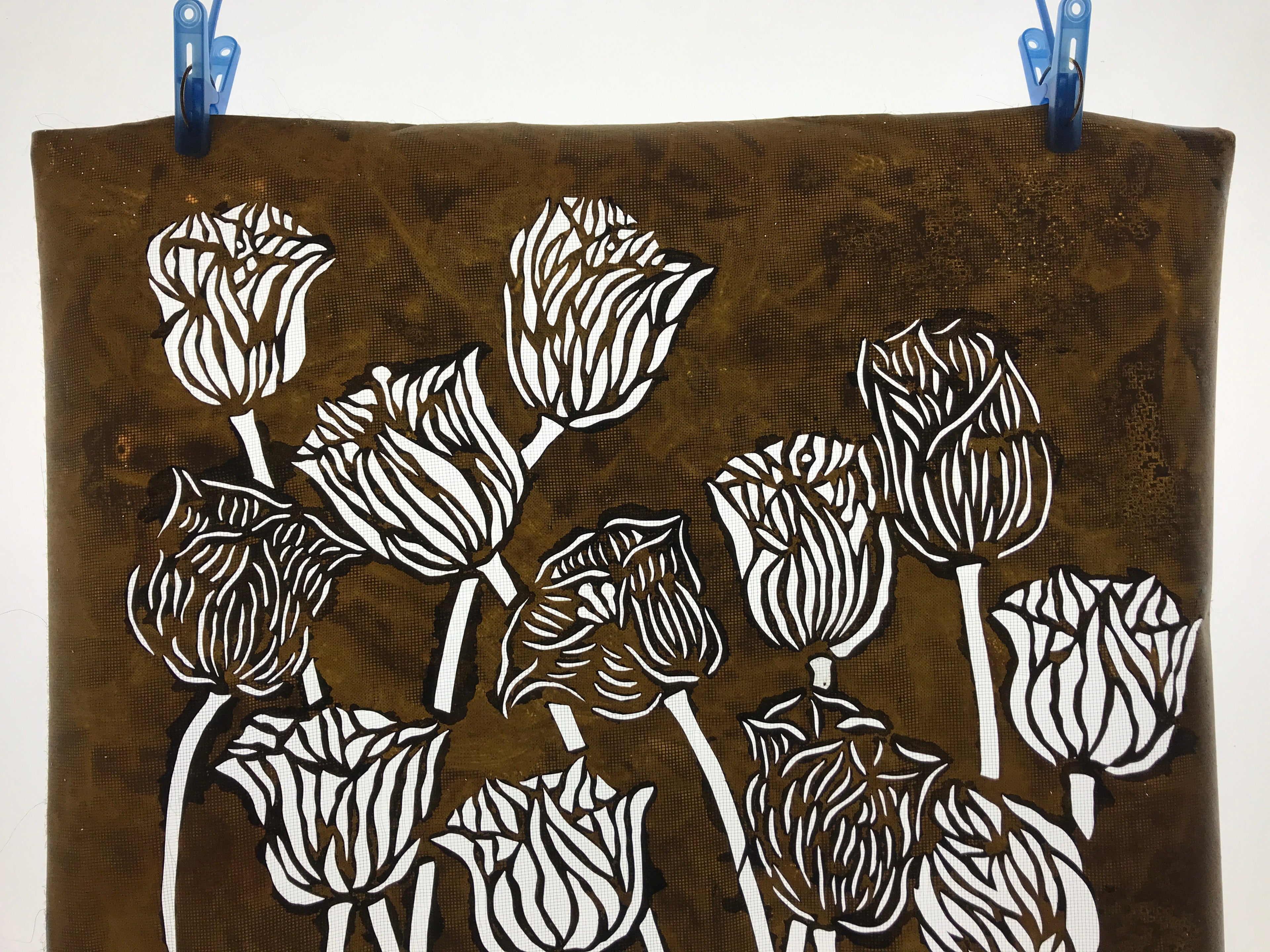 Antique Japanese Katagami Kimono Paper Stencil Katazome Tulips Flowers 4Y565