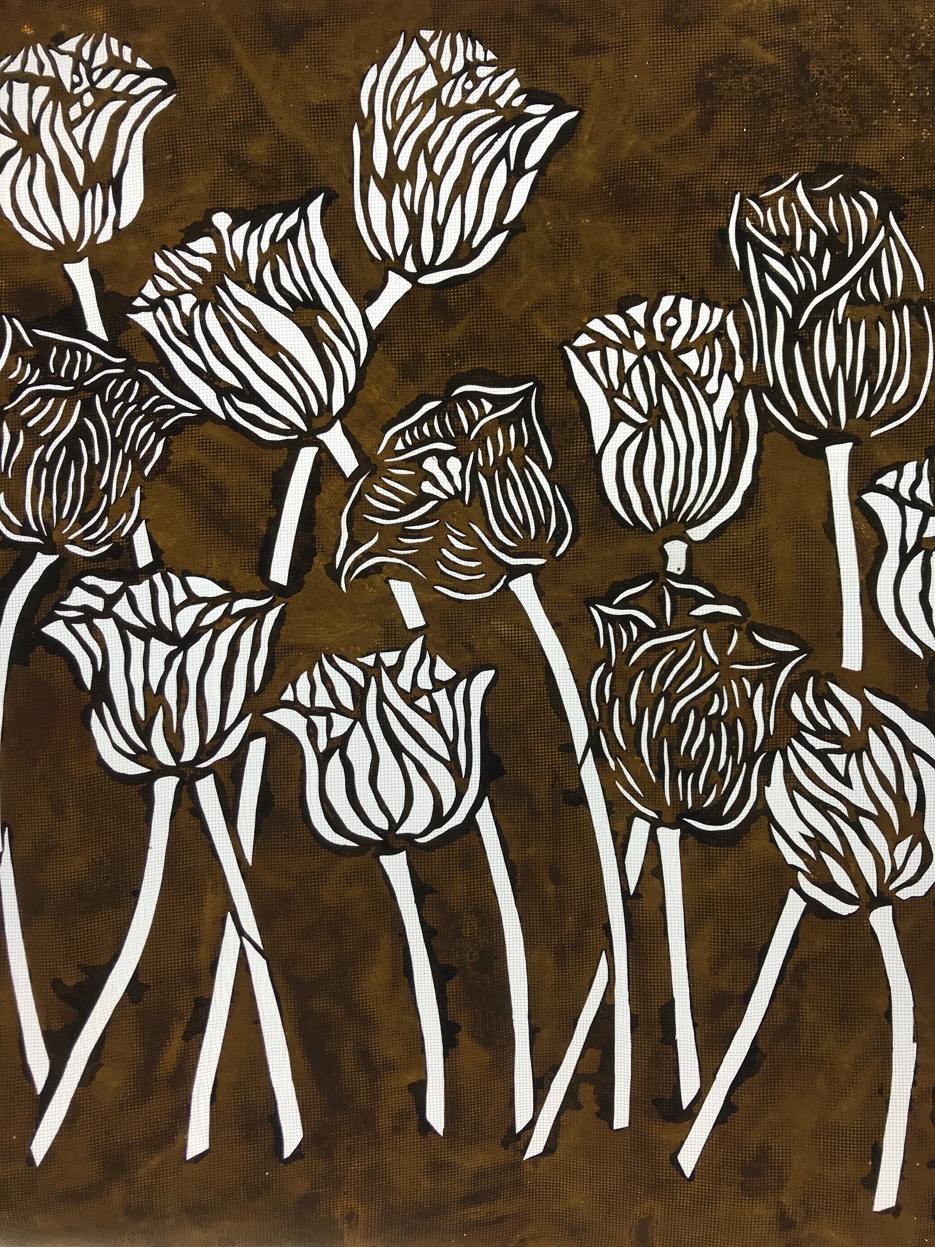 Antique Japanese Katagami Kimono Paper Stencil Katazome Tulips Flowers 4Y565