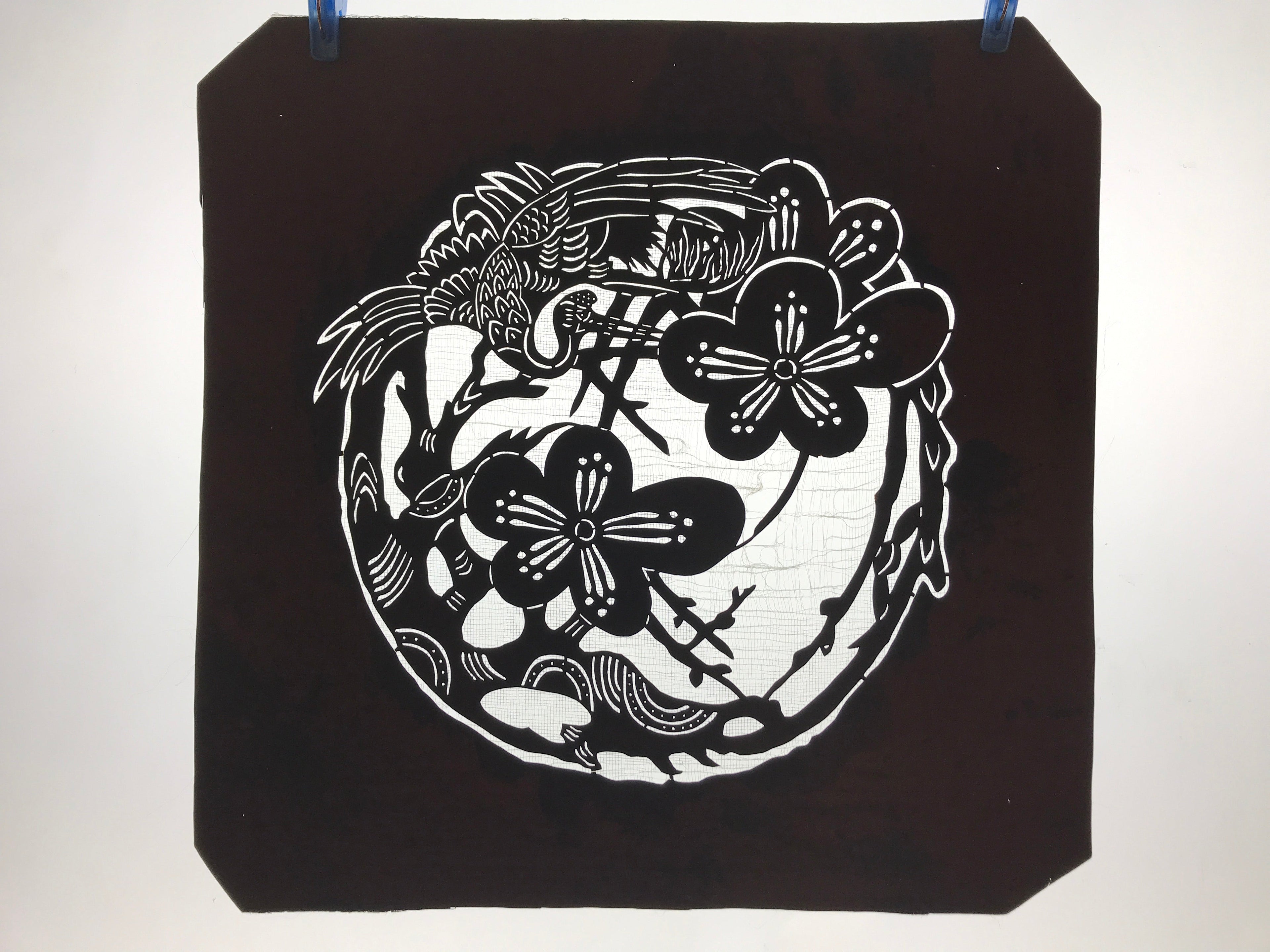 Antique Japanese Katagami Kimono Paper Stencil Katazome Ume Plum Crane 4Y532