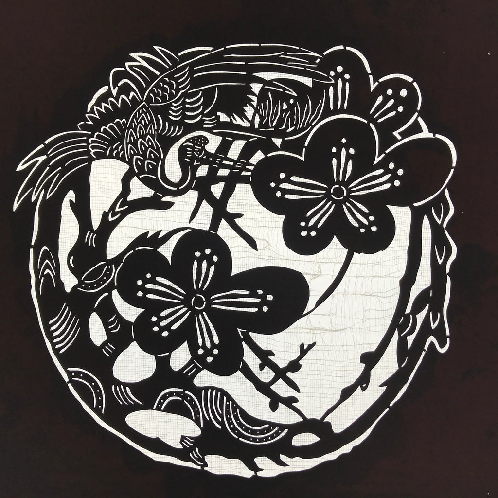 Antique Japanese Katagami Kimono Paper Stencil Katazome Ume Plum Crane 4Y532