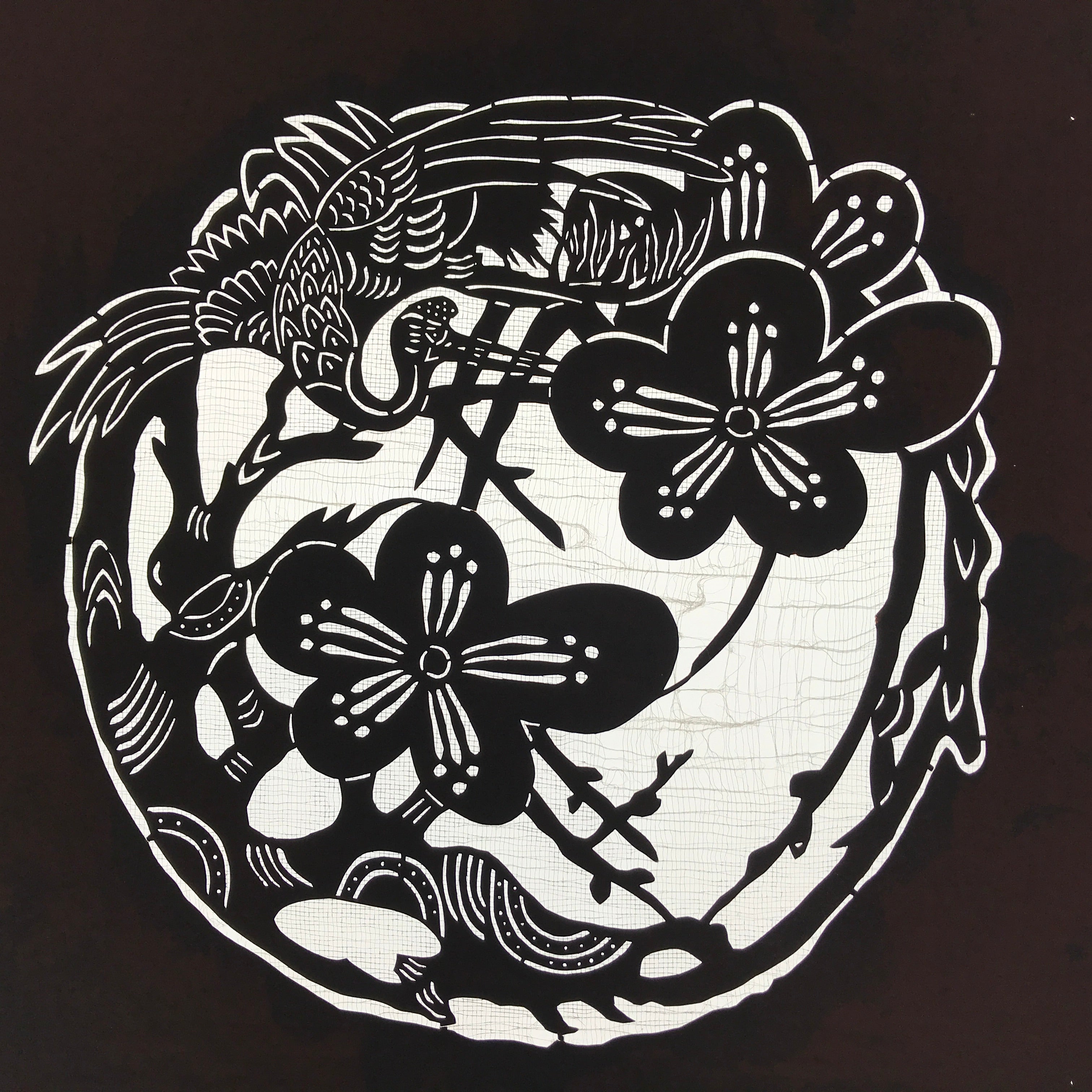 Antique Japanese Katagami Kimono Paper Stencil Katazome Ume Plum Crane 4Y532